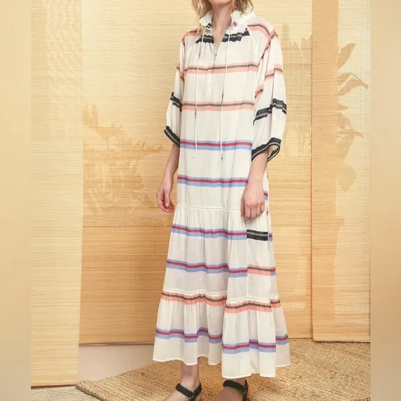 Apiece Apart White Boho Stripped Long Sheer Tiered Cotton Maxi Dress Size 6