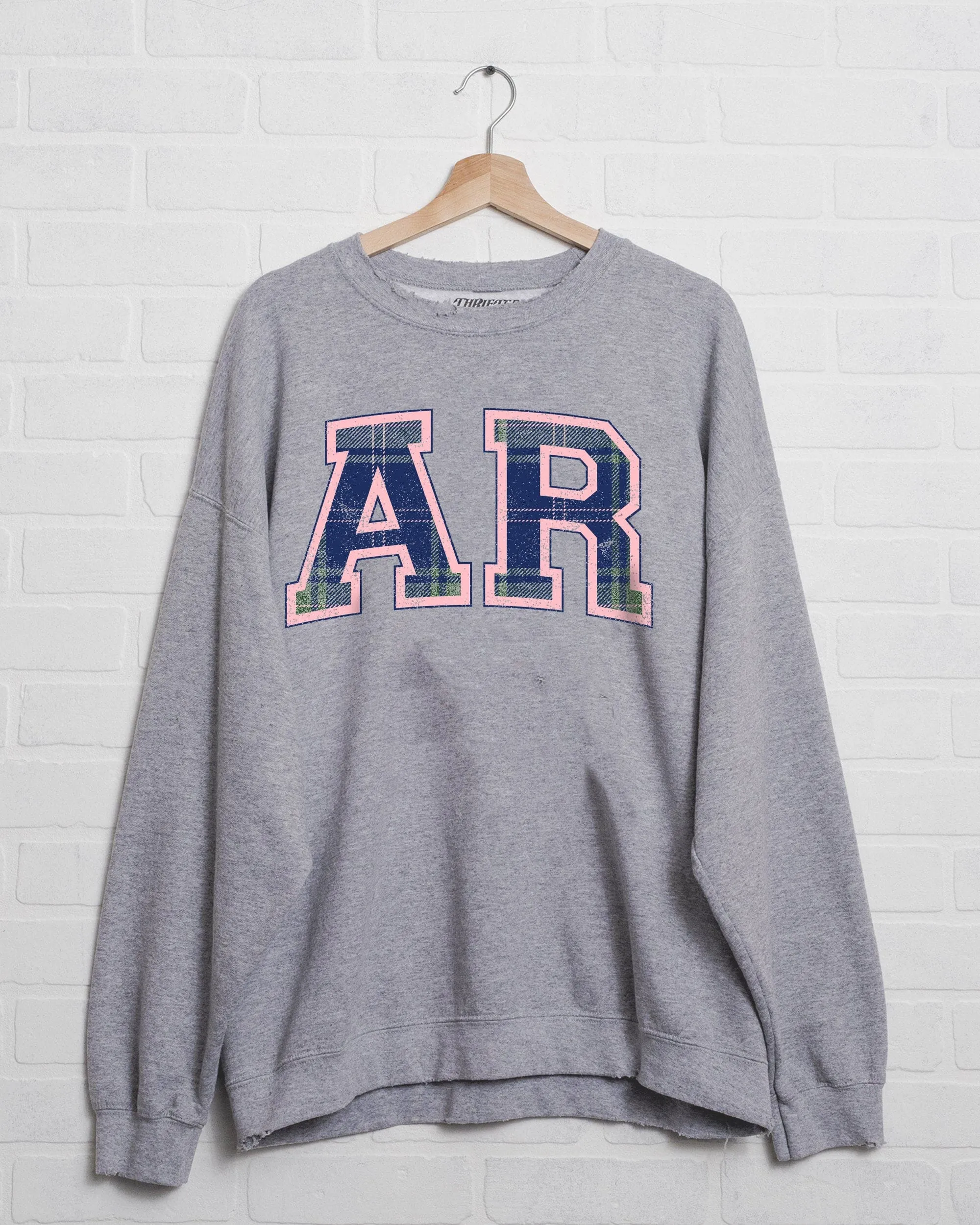 AR Plaid Arch (Pink Outline) Gray Thrifted Sweatshirt (FINAL SALE)