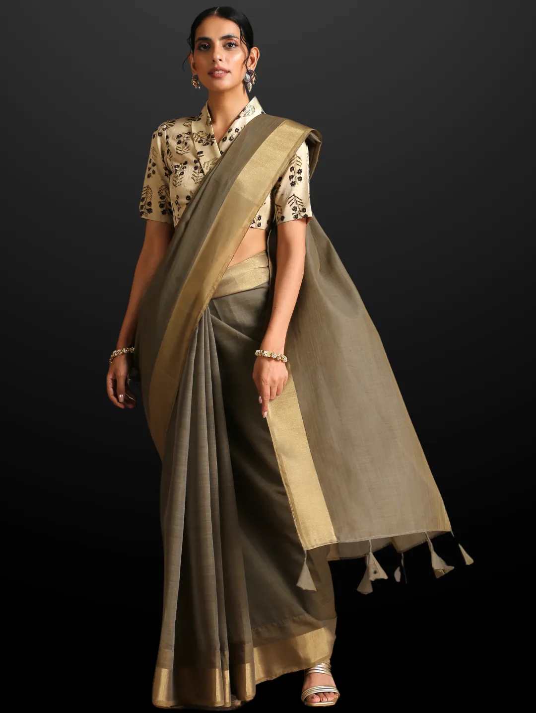 Ash Grey Dual Shade Cotton Saree with Border and Tassels