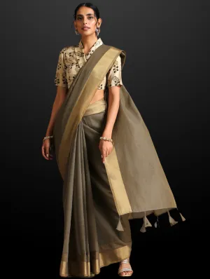 Ash Grey Dual Shade Cotton Saree with Border and Tassels