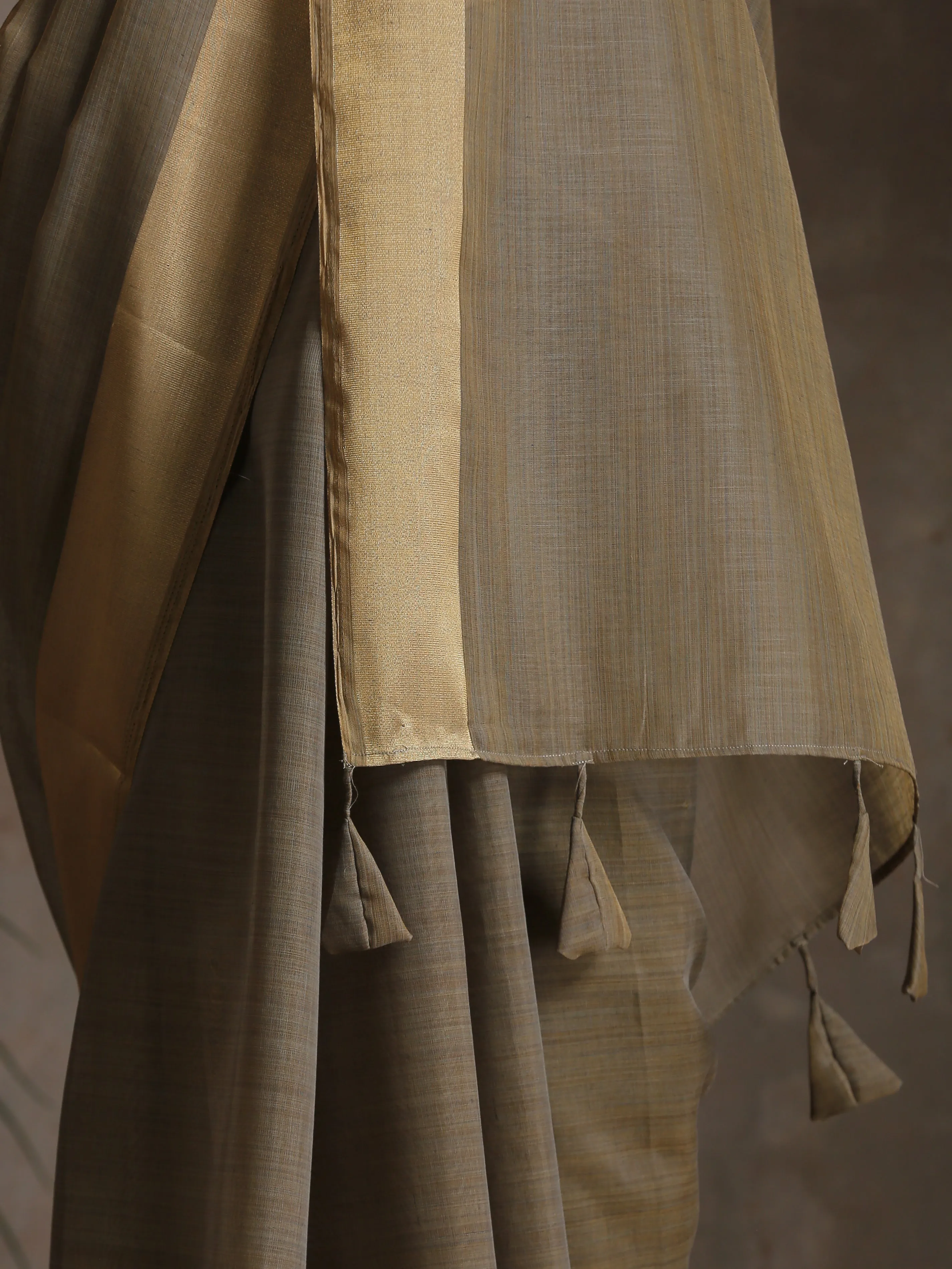 Ash Grey Dual Shade Cotton Saree with Border and Tassels