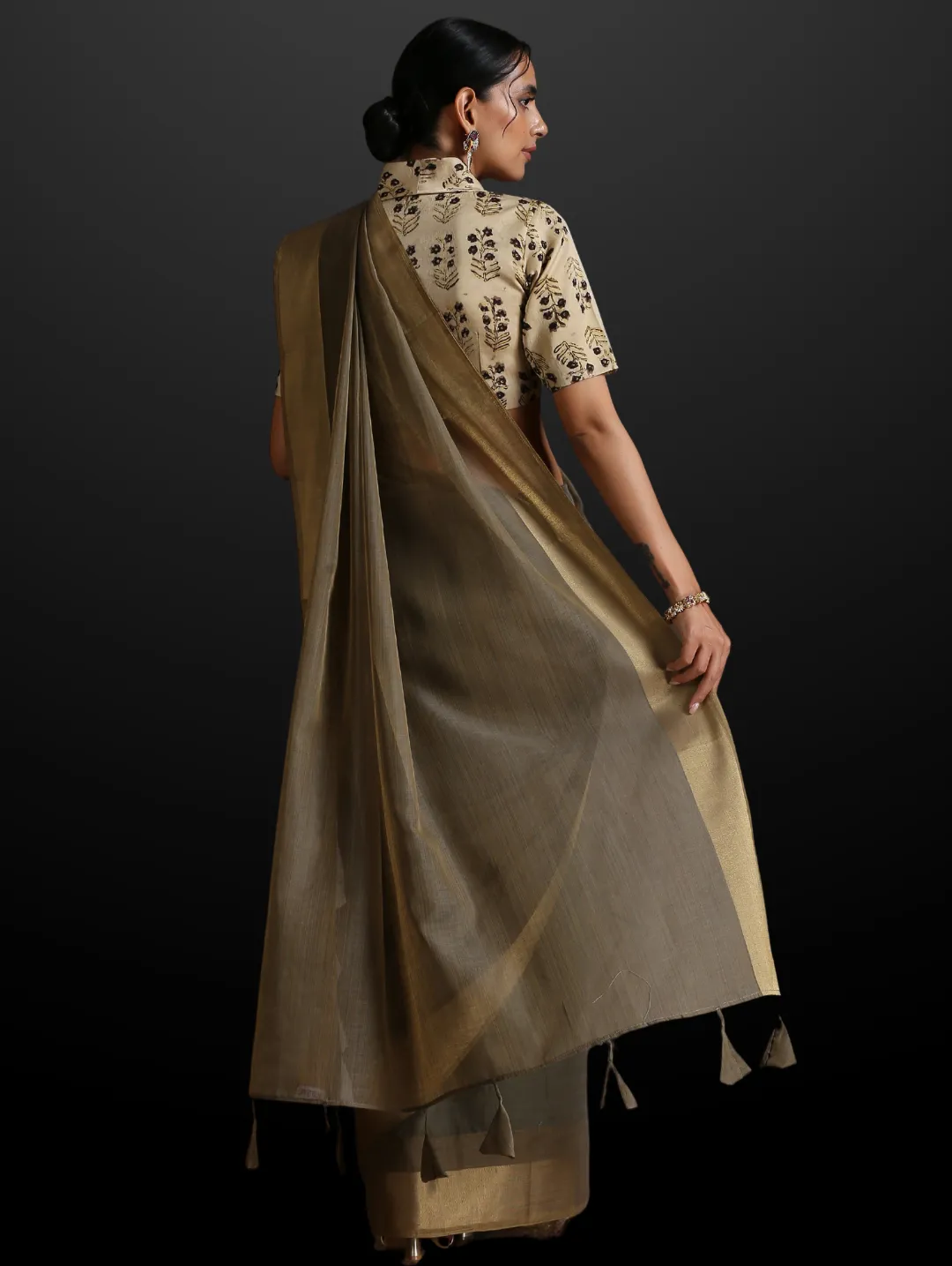 Ash Grey Dual Shade Cotton Saree with Border and Tassels