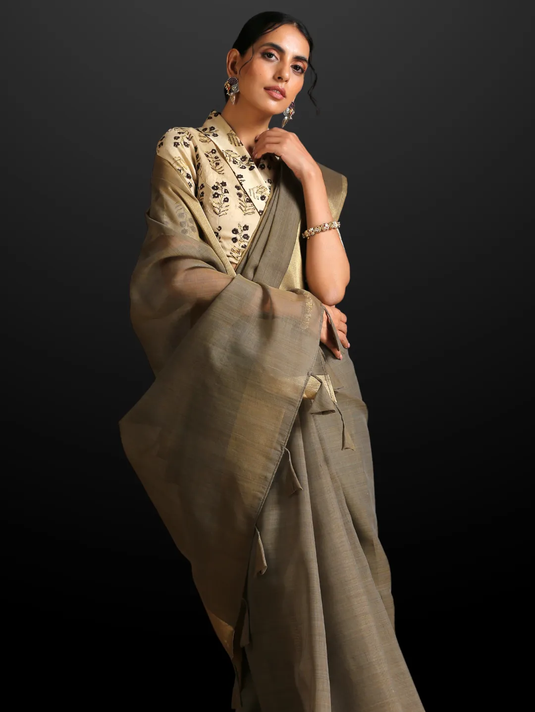 Ash Grey Dual Shade Cotton Saree with Border and Tassels