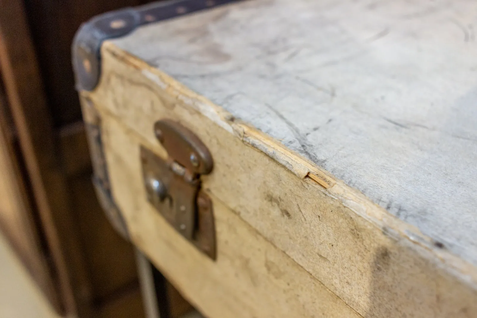 Bar Table Crafted with Vintage French Luggage & Custom Iron Base