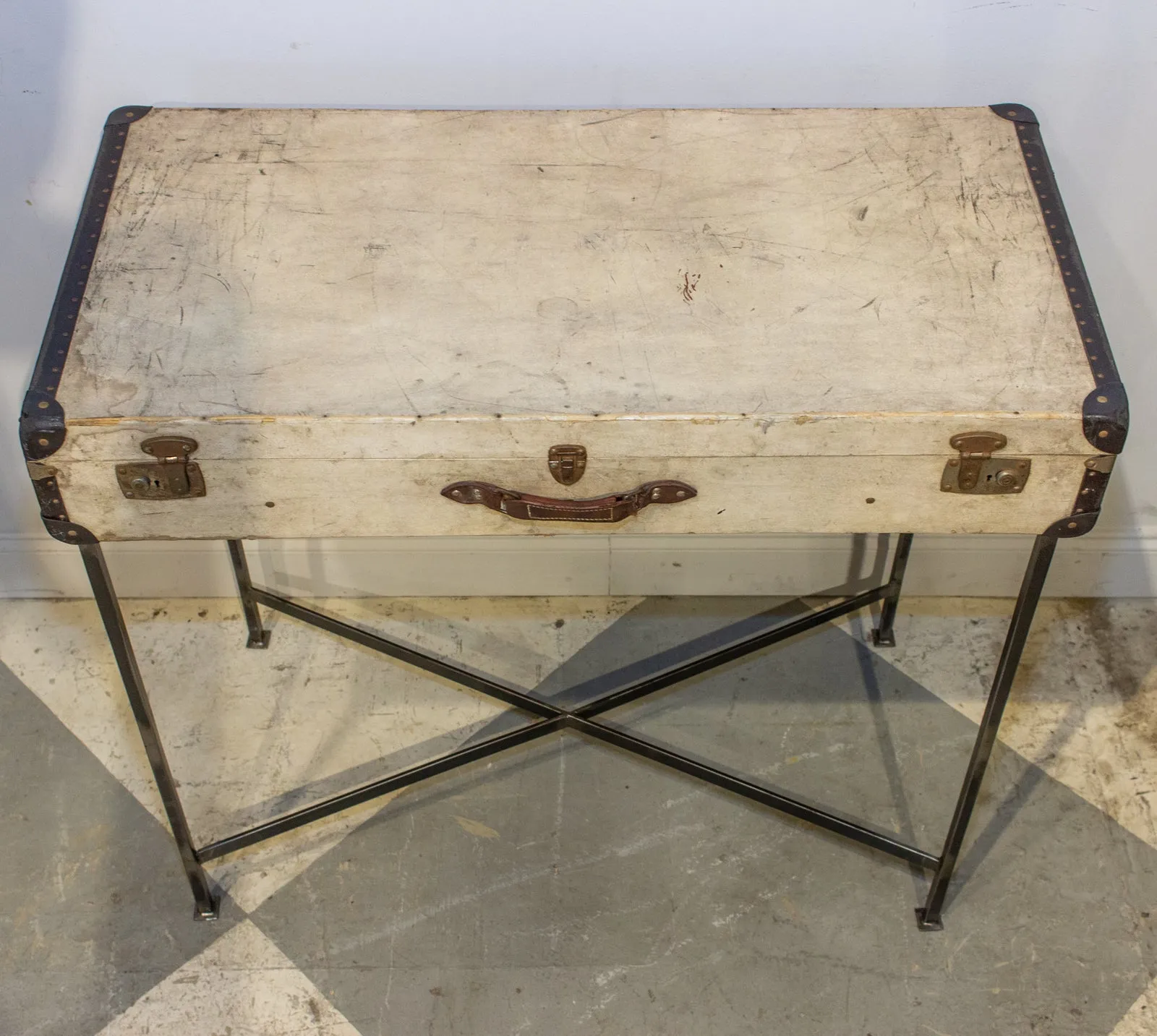 Bar Table Crafted with Vintage French Luggage & Custom Iron Base