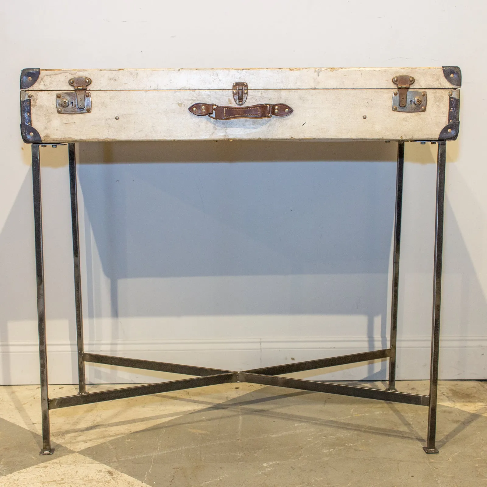 Bar Table Crafted with Vintage French Luggage & Custom Iron Base