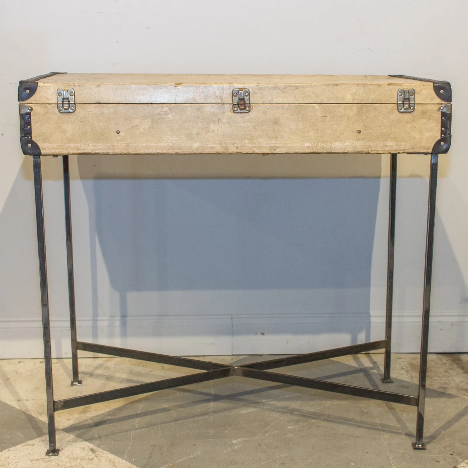 Bar Table Crafted with Vintage French Luggage & Custom Iron Base
