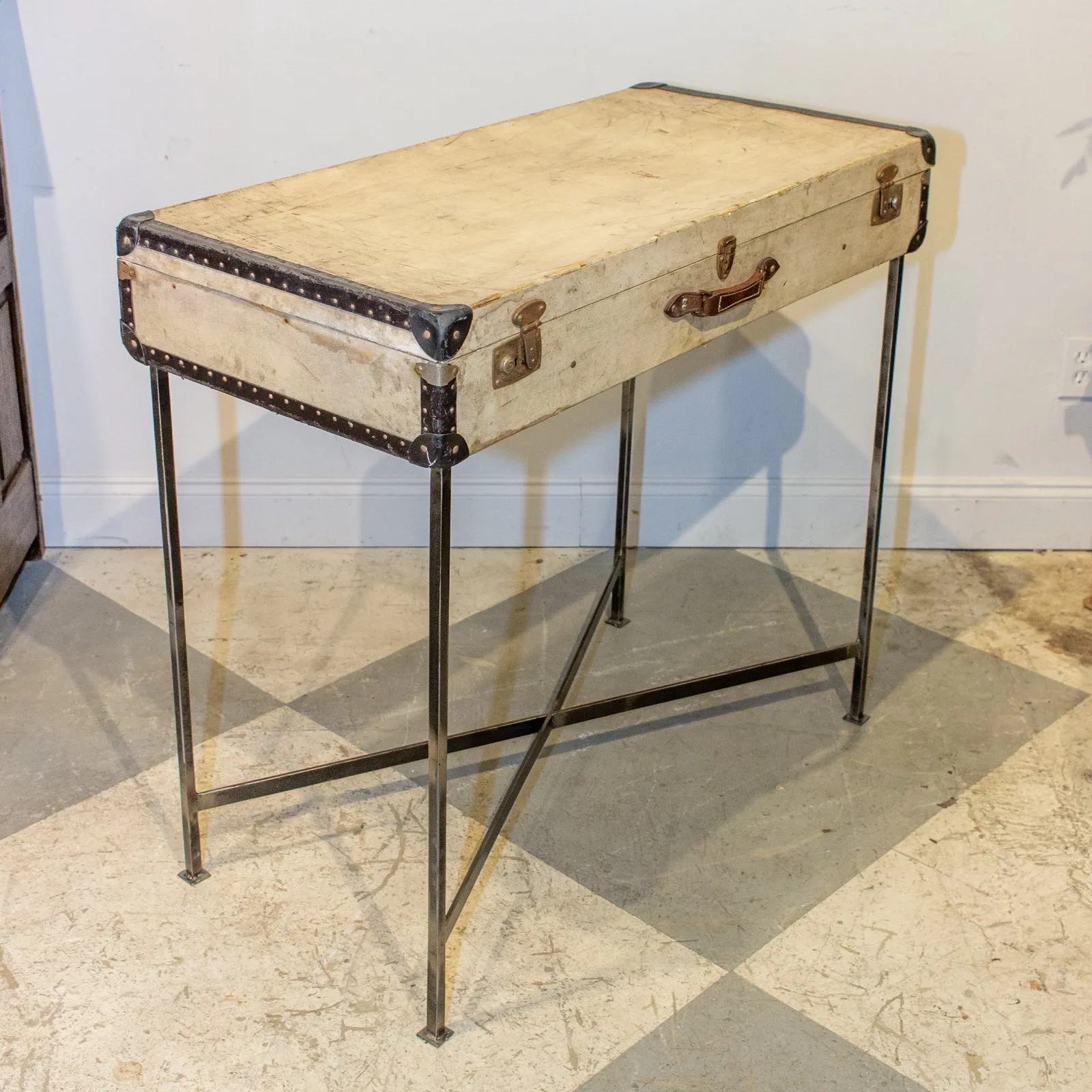 Bar Table Crafted with Vintage French Luggage & Custom Iron Base