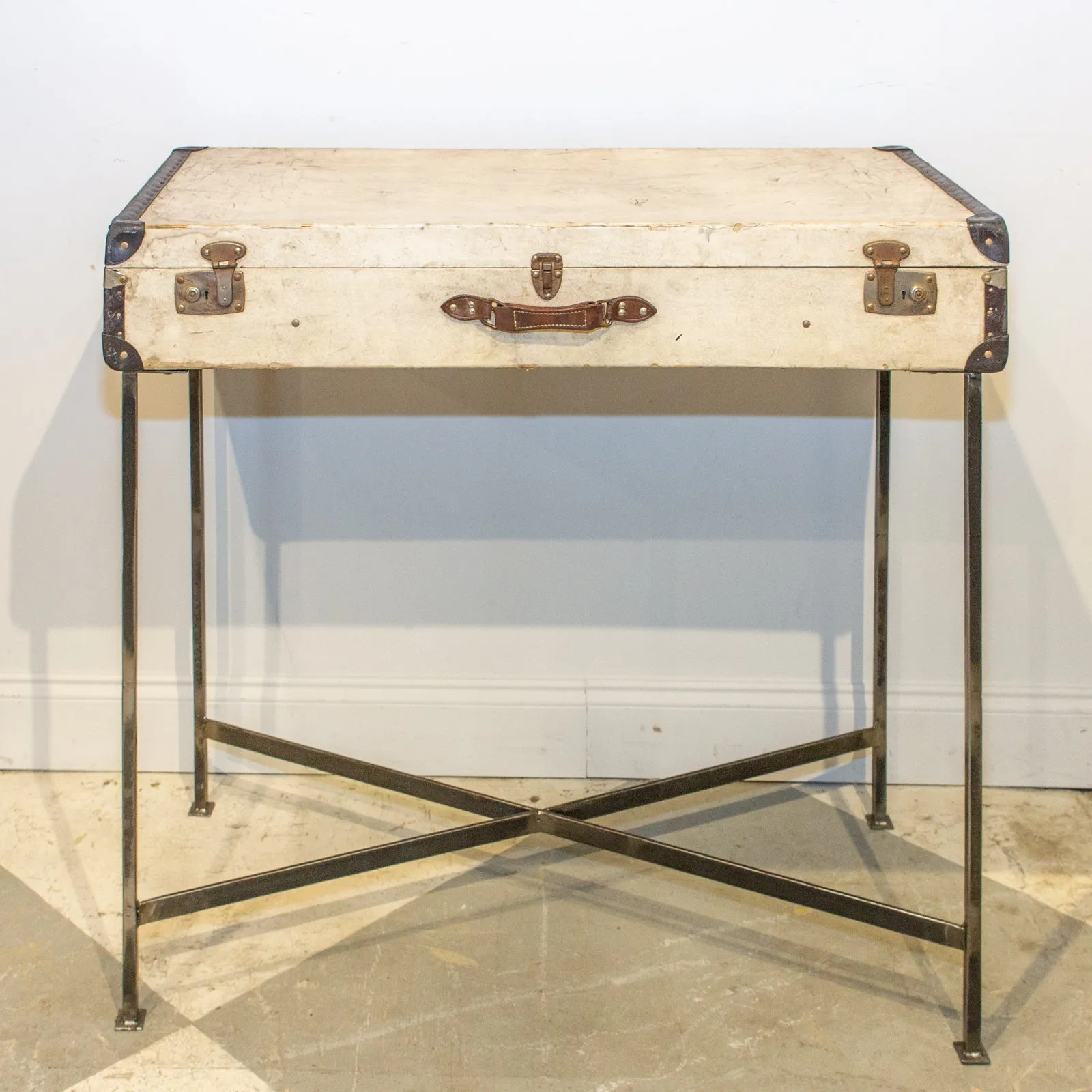 Bar Table Crafted with Vintage French Luggage & Custom Iron Base