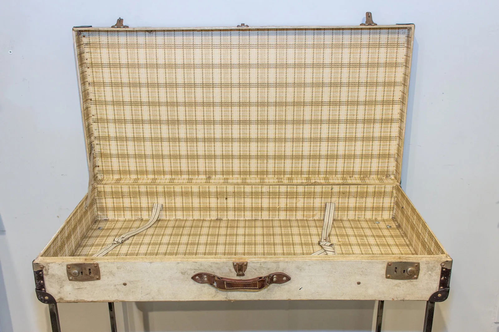 Bar Table Crafted with Vintage French Luggage & Custom Iron Base