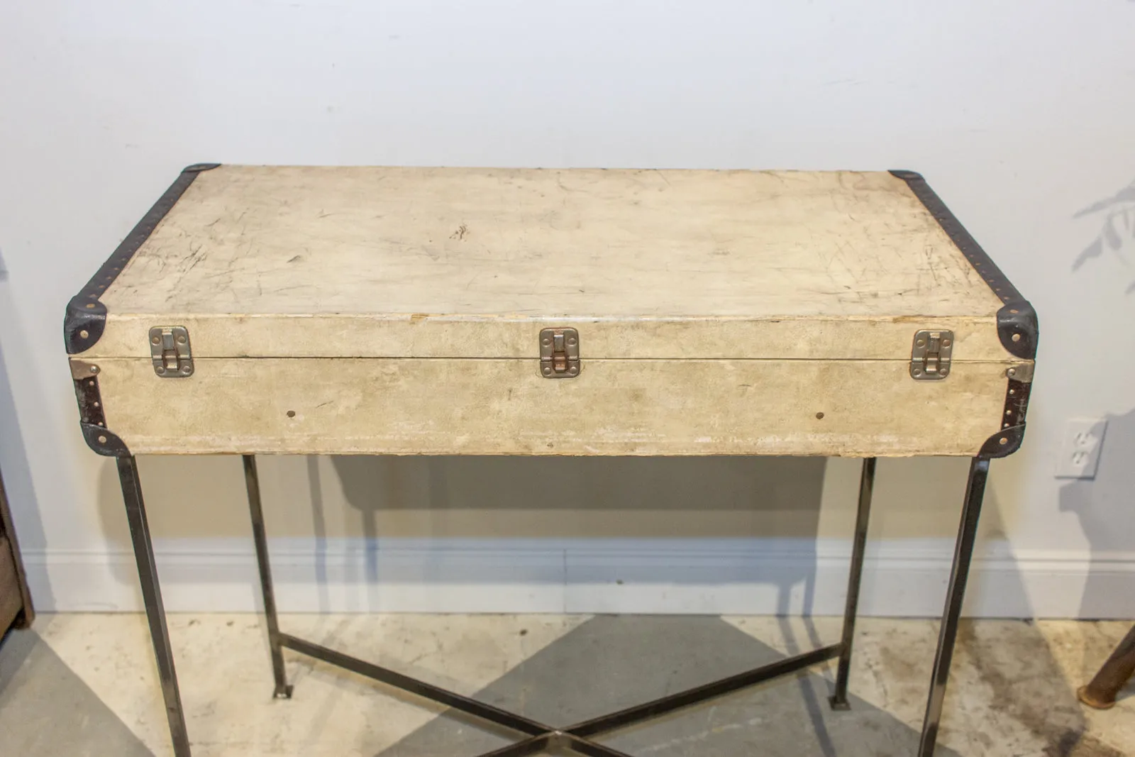 Bar Table Crafted with Vintage French Luggage & Custom Iron Base