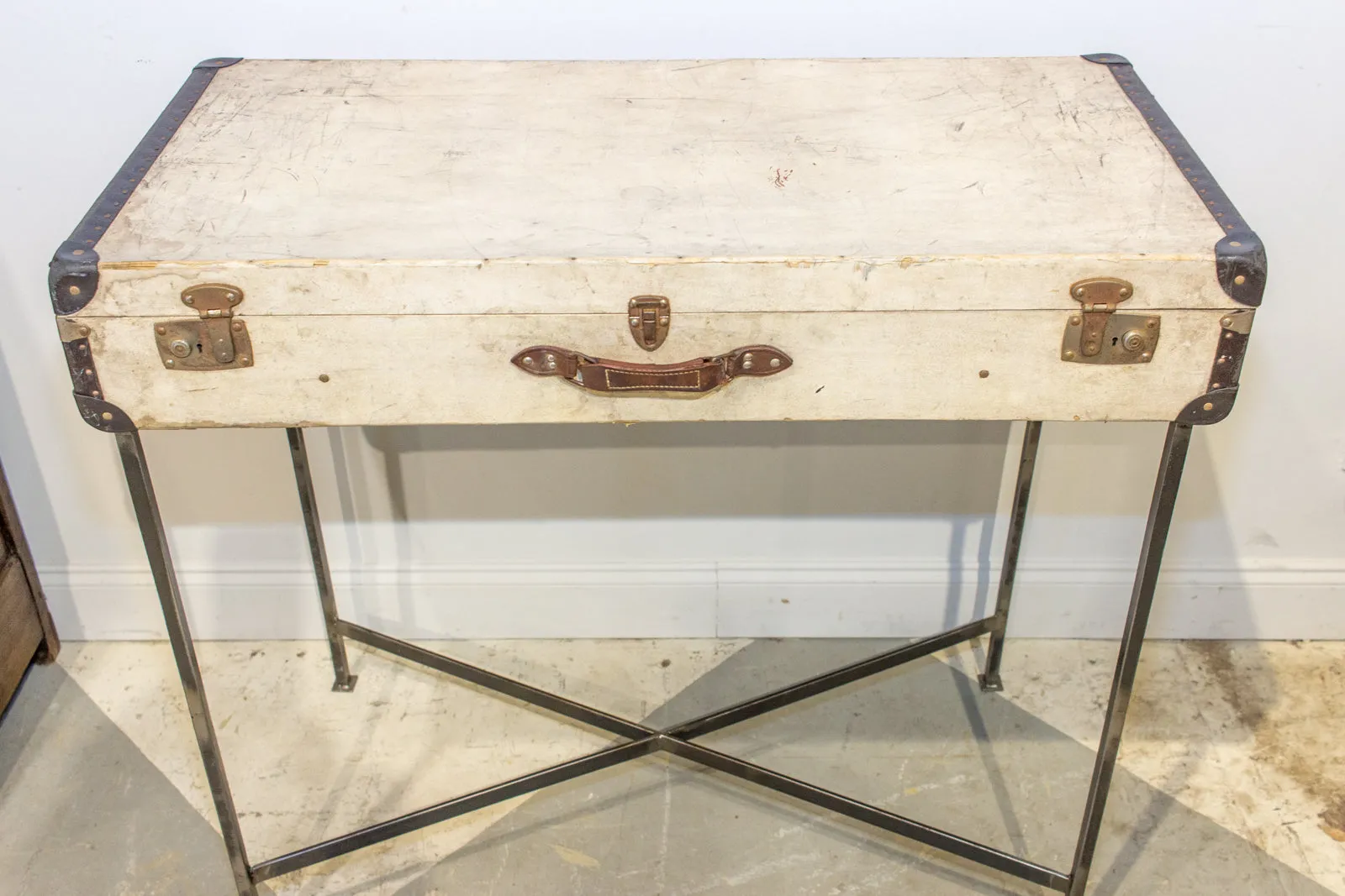 Bar Table Crafted with Vintage French Luggage & Custom Iron Base