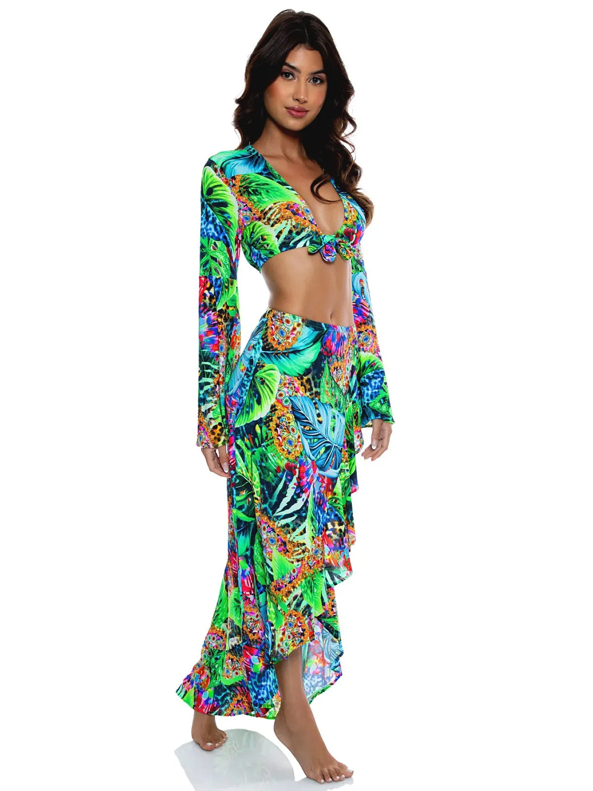 Belle Sleeve Crop-Ruffled High Lo Slit Skirt ::RET