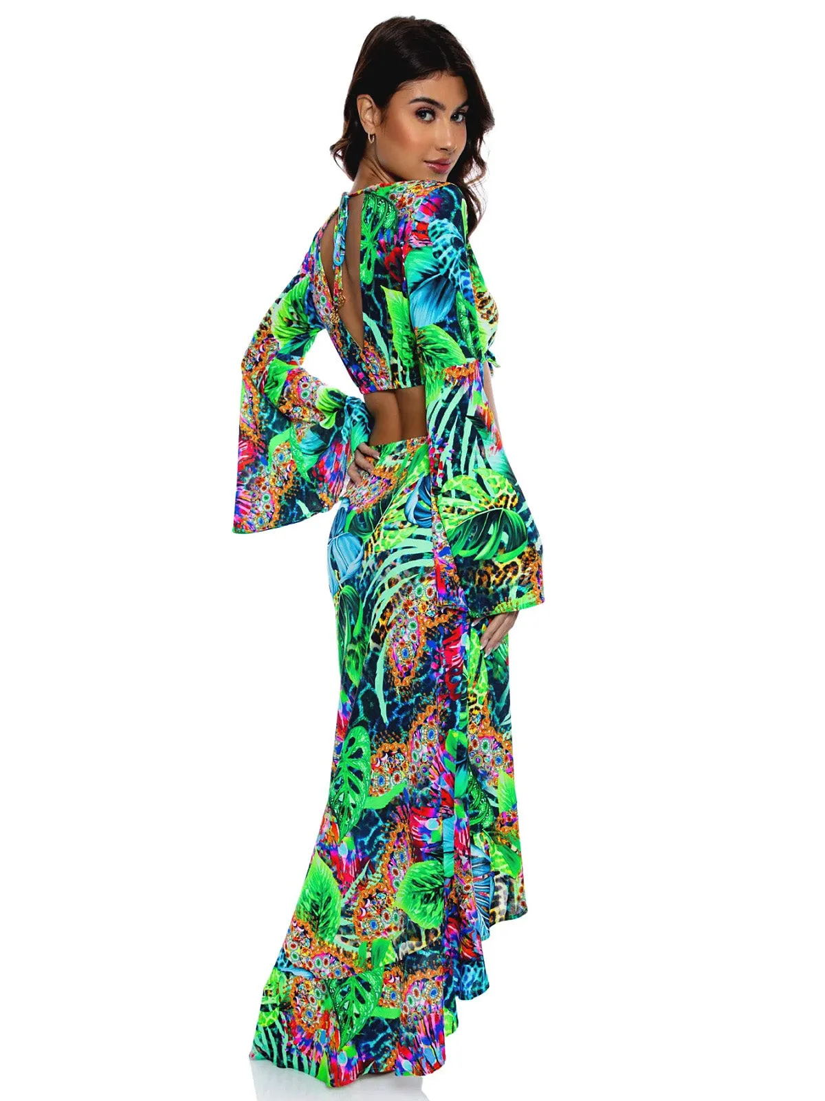 Belle Sleeve Crop-Ruffled High Lo Slit Skirt ::RET