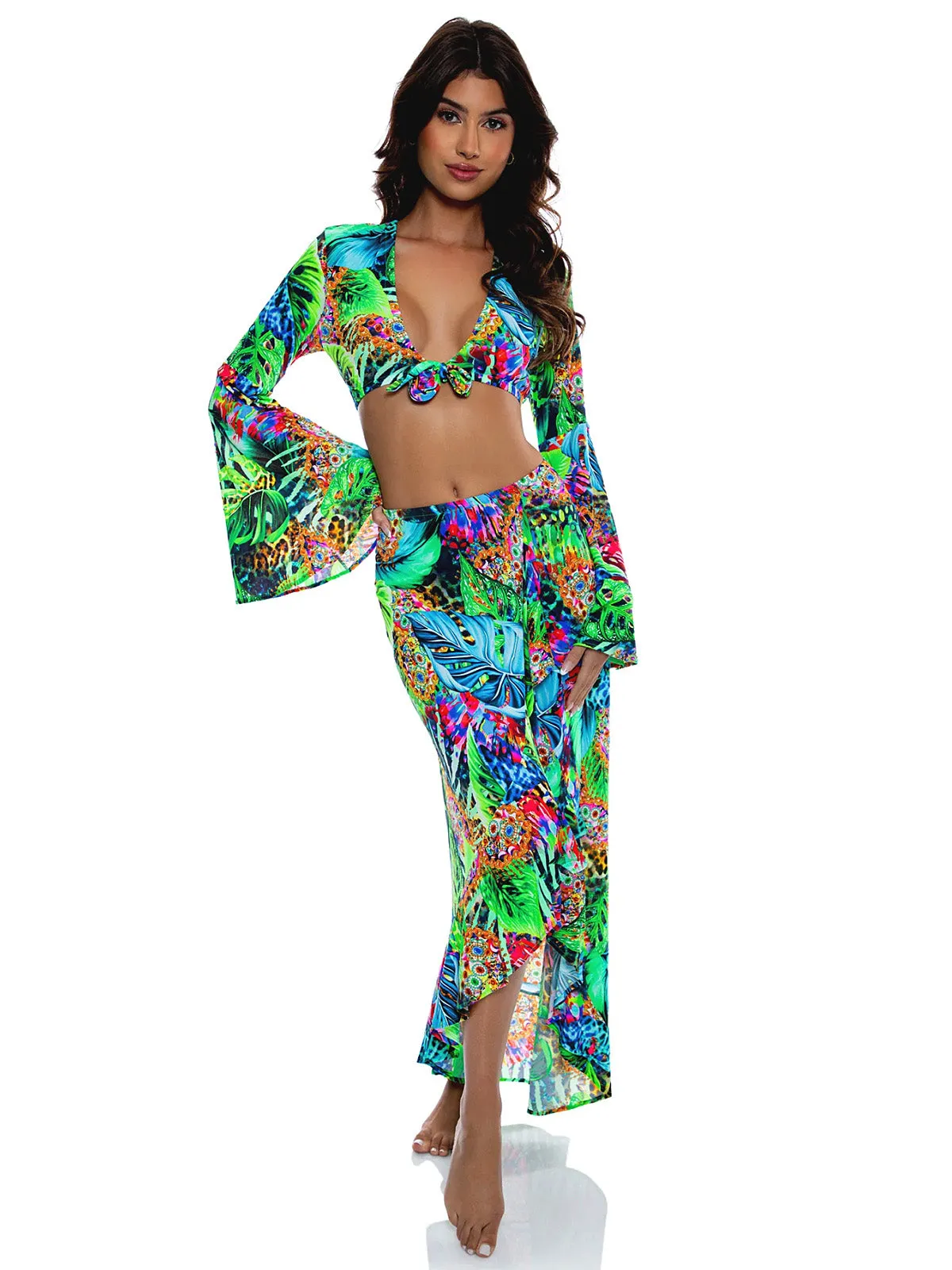 Belle Sleeve Crop-Ruffled High Lo Slit Skirt ::RET