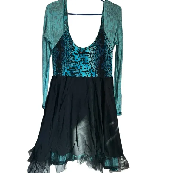 Betsey Johnson Leopard Print Ruffle Bottom Skater Girl L/S Scoop Neck Dress-SZ M