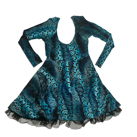 Betsey Johnson Leopard Print Ruffle Bottom Skater Girl L/S Scoop Neck Dress-SZ M