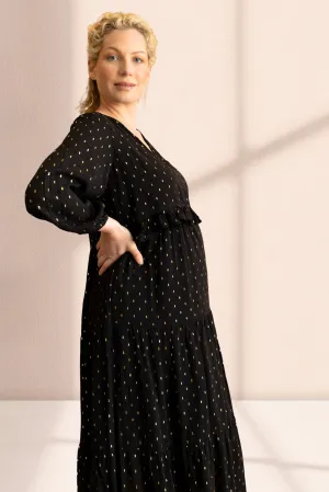 Black & gold tiered maternity and breastfeeding dress