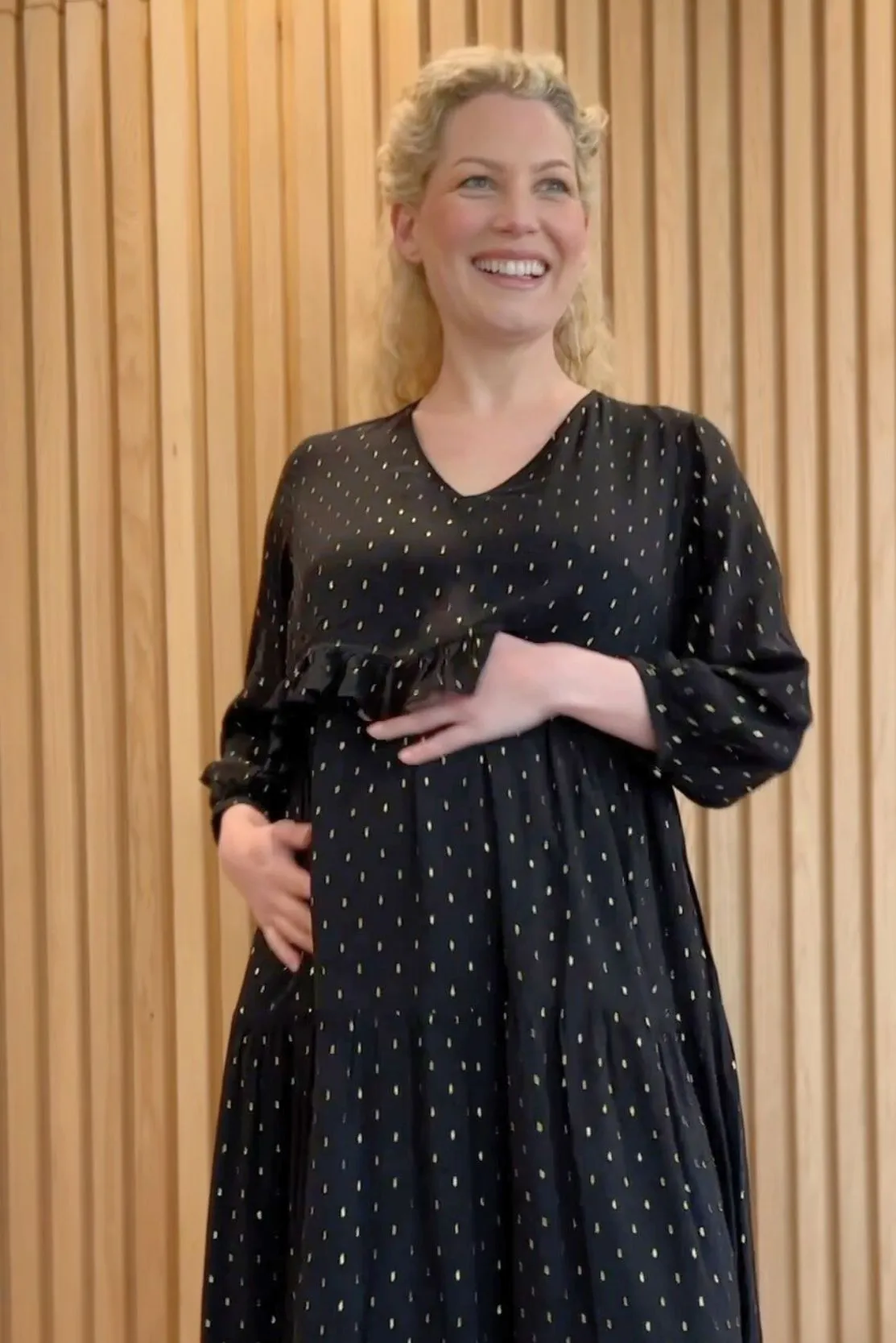 Black & gold tiered maternity and breastfeeding dress