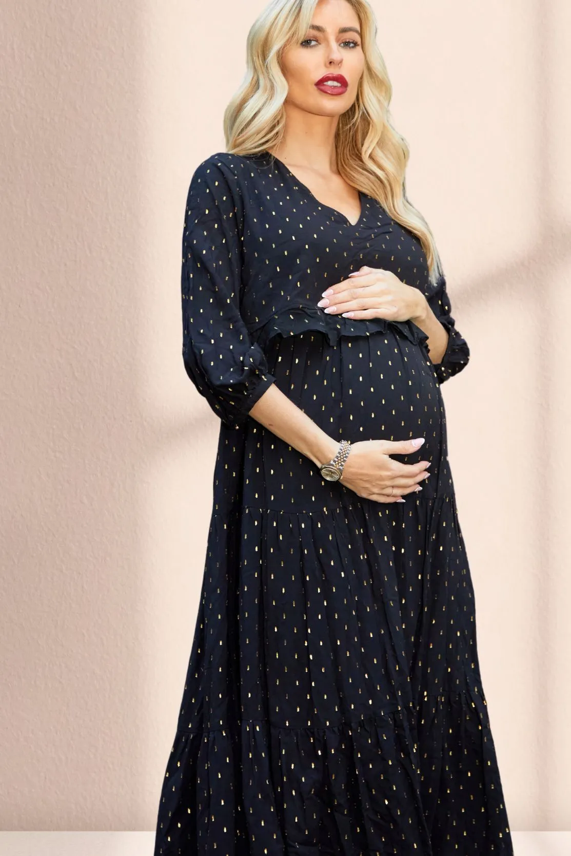 Black & gold tiered maternity and breastfeeding dress