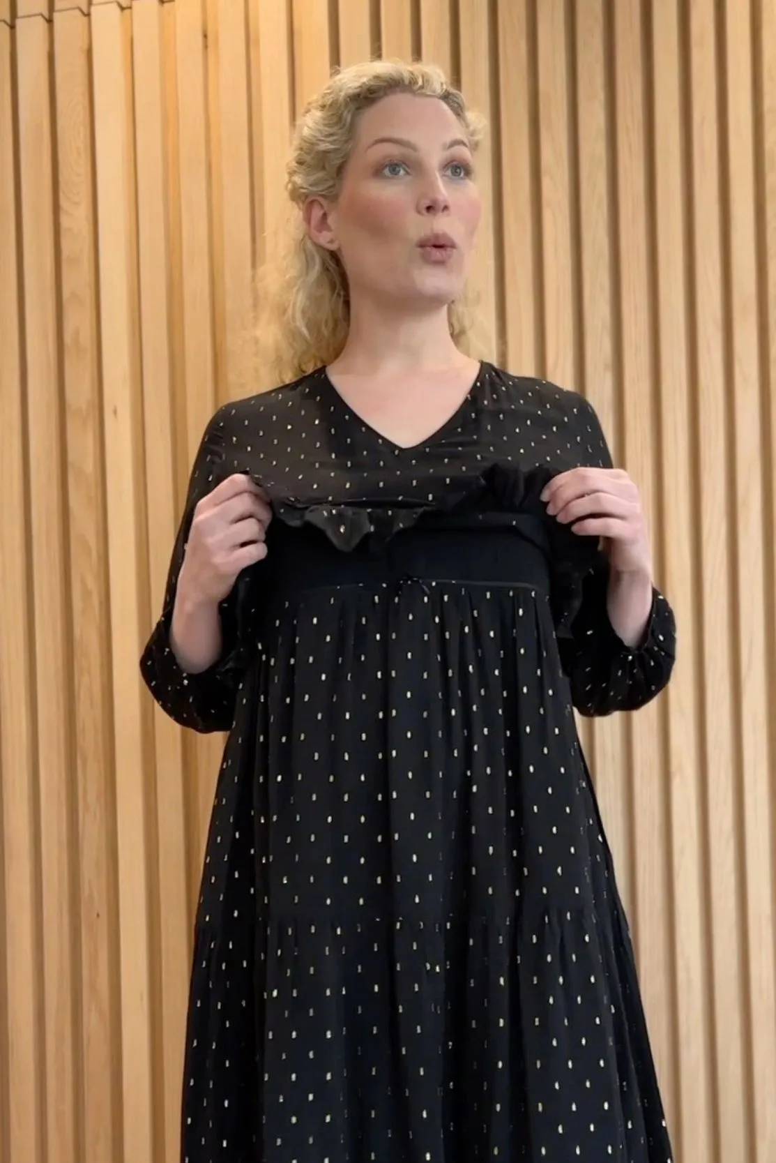 Black & gold tiered maternity and breastfeeding dress