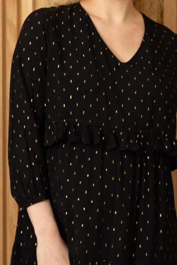 Black & gold tiered maternity and breastfeeding dress