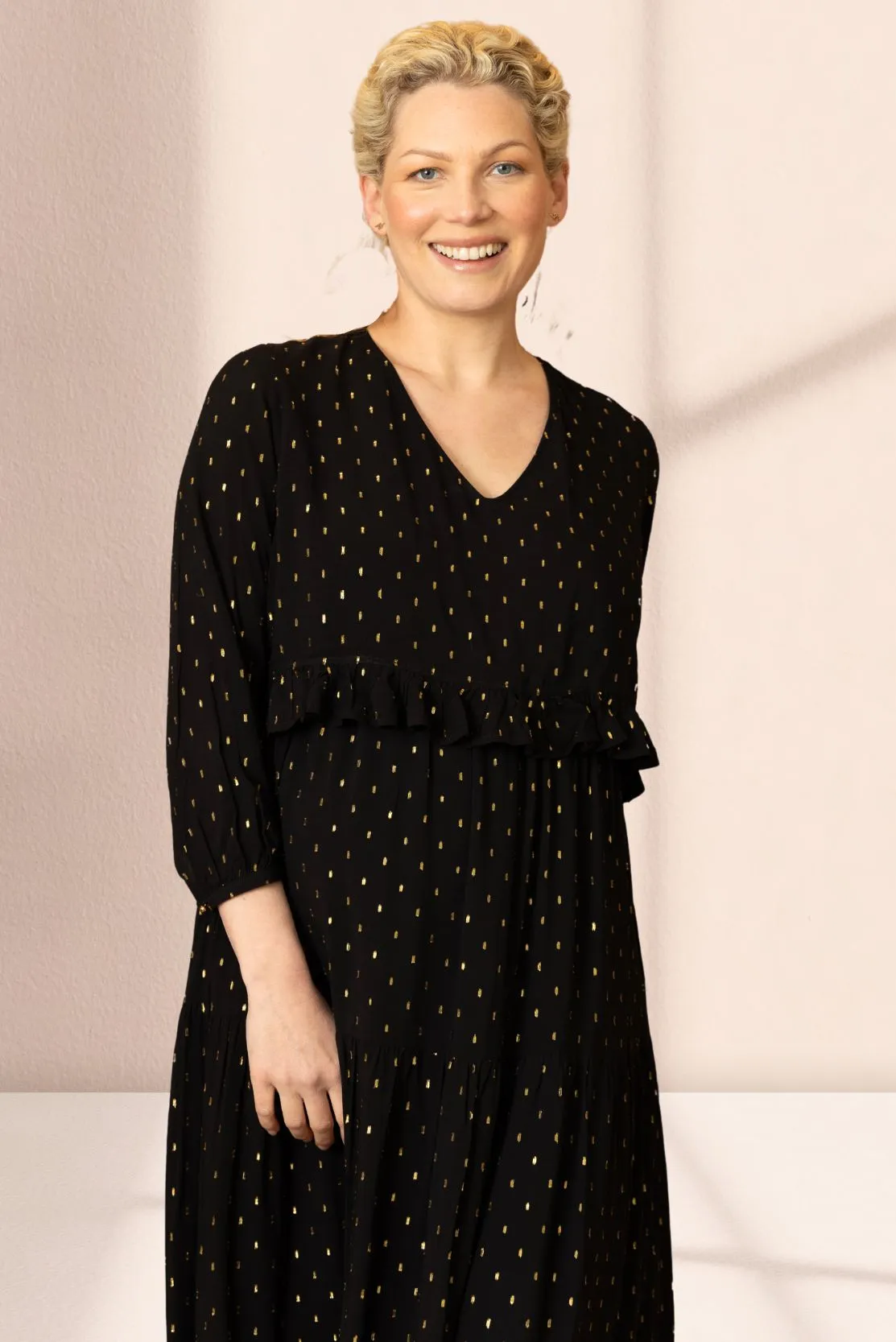 Black & gold tiered maternity and breastfeeding dress