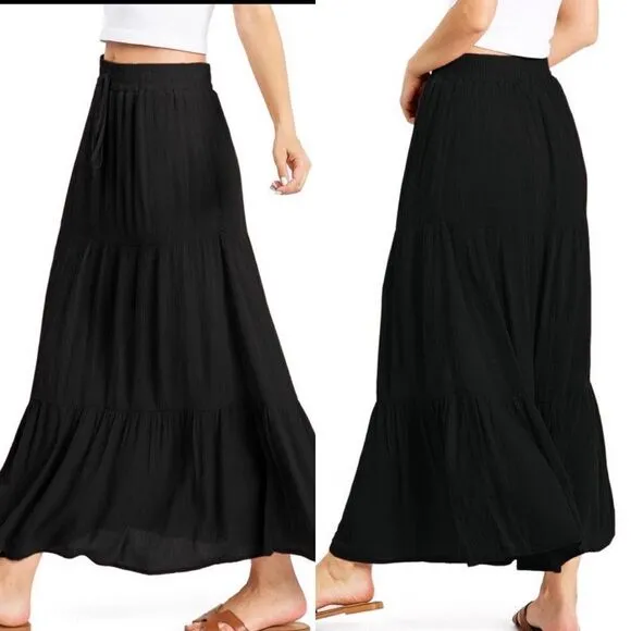 Black boho rayon tiered maxi skirt western long summer S M L NWT concert bottom