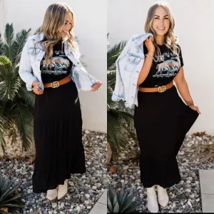 Black boho rayon tiered maxi skirt western long summer S M L NWT concert bottom