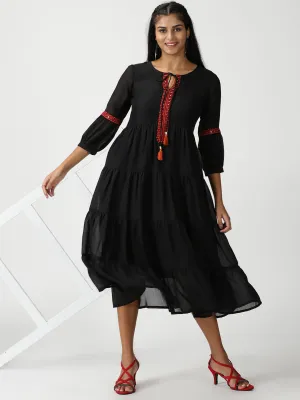 Black Boho Tiered Midi Dress with Embroidered Details