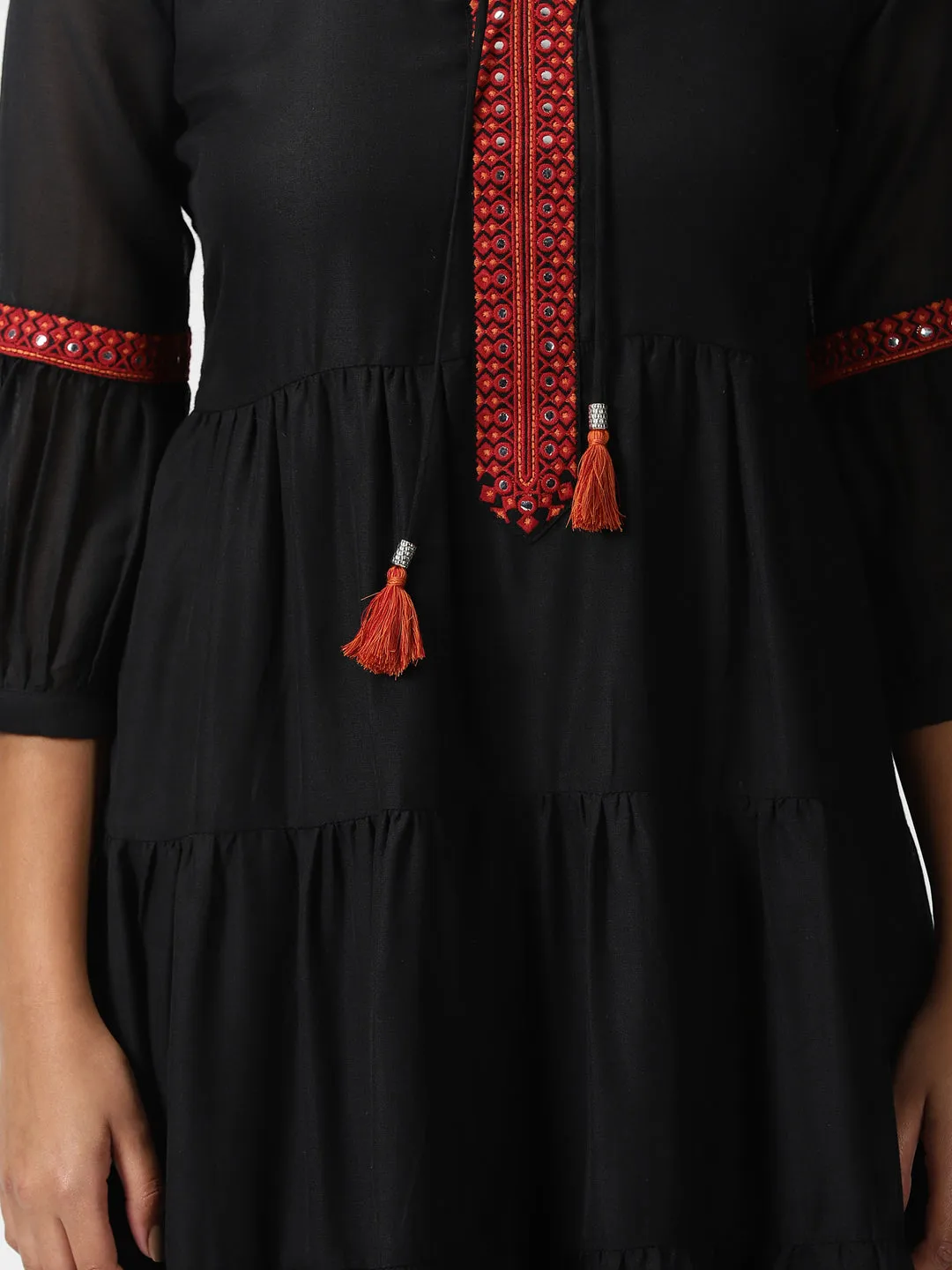 Black Boho Tiered Midi Dress with Embroidered Details
