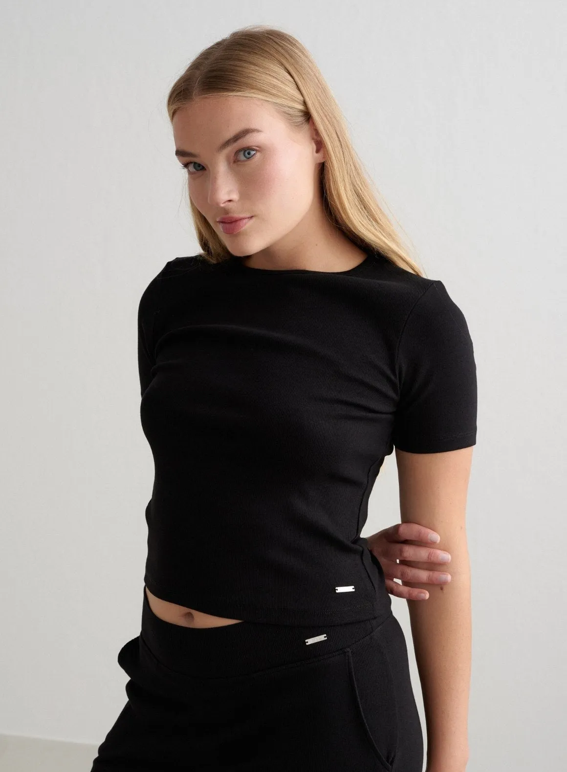 Black Ease Ribbed Short Sleeve