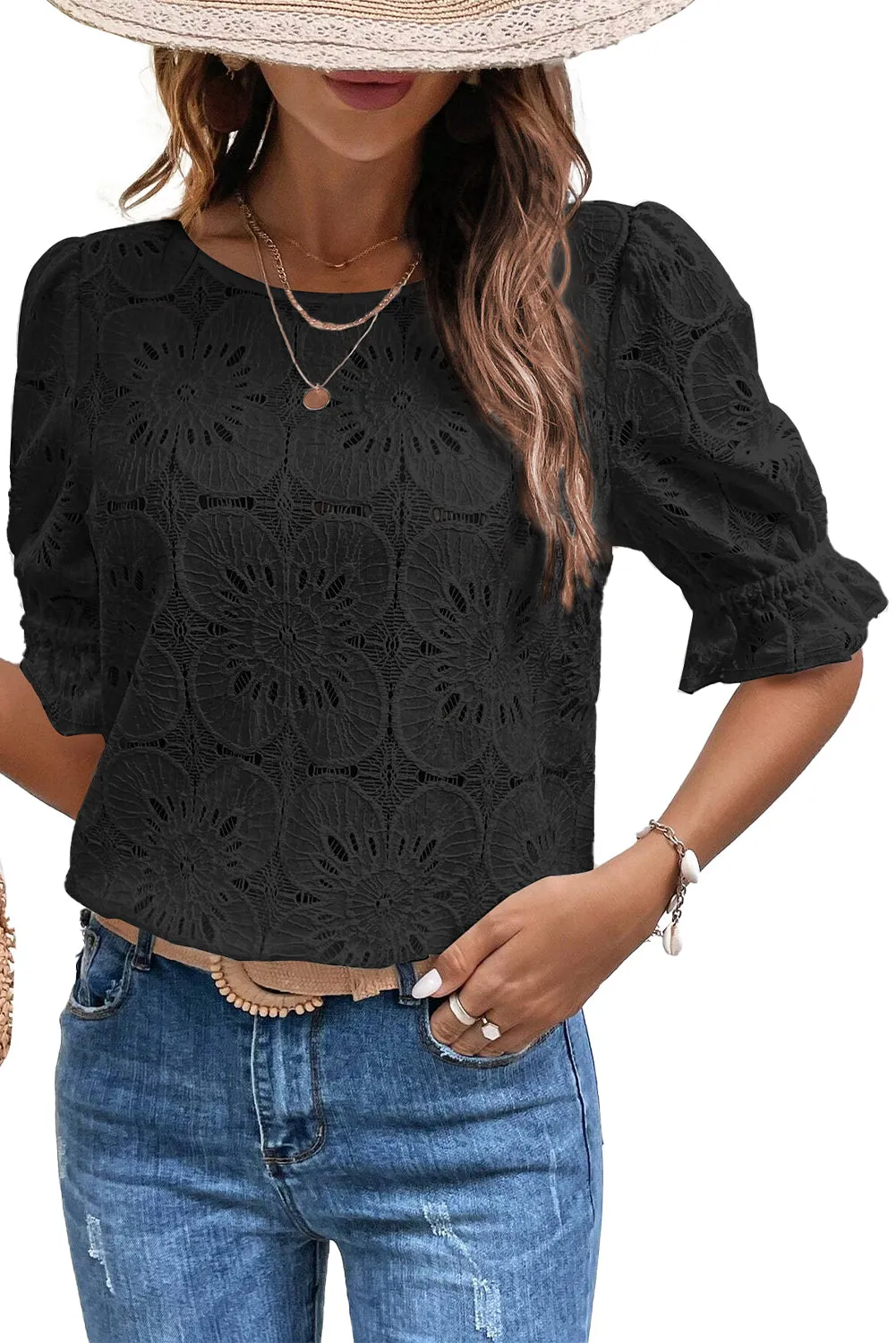 Black Flower Eyelet Jacquard Keyhole Flounce Sleeve Top