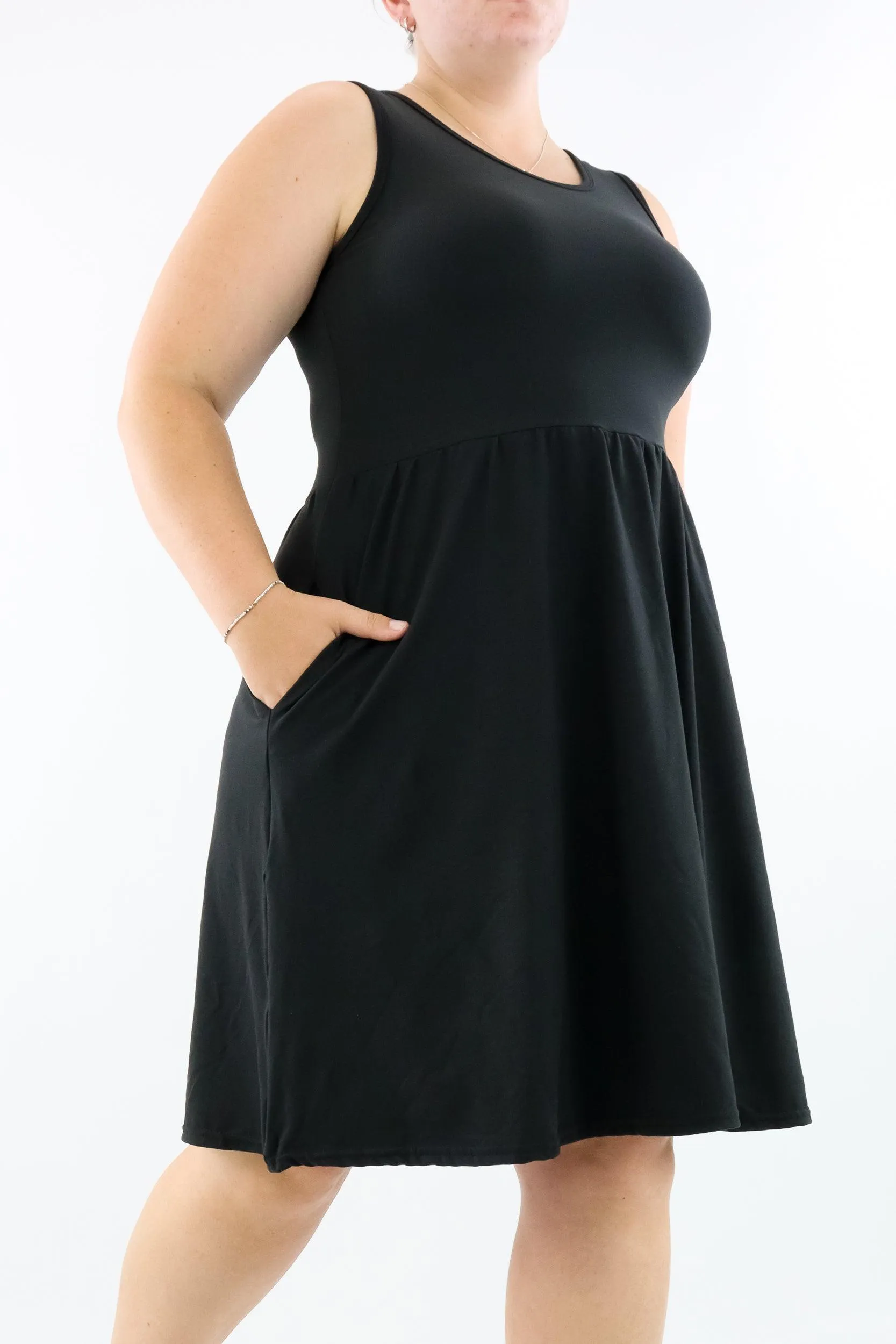 Black - Sleeveless Skater Dress - Knee Length - Side Pockets