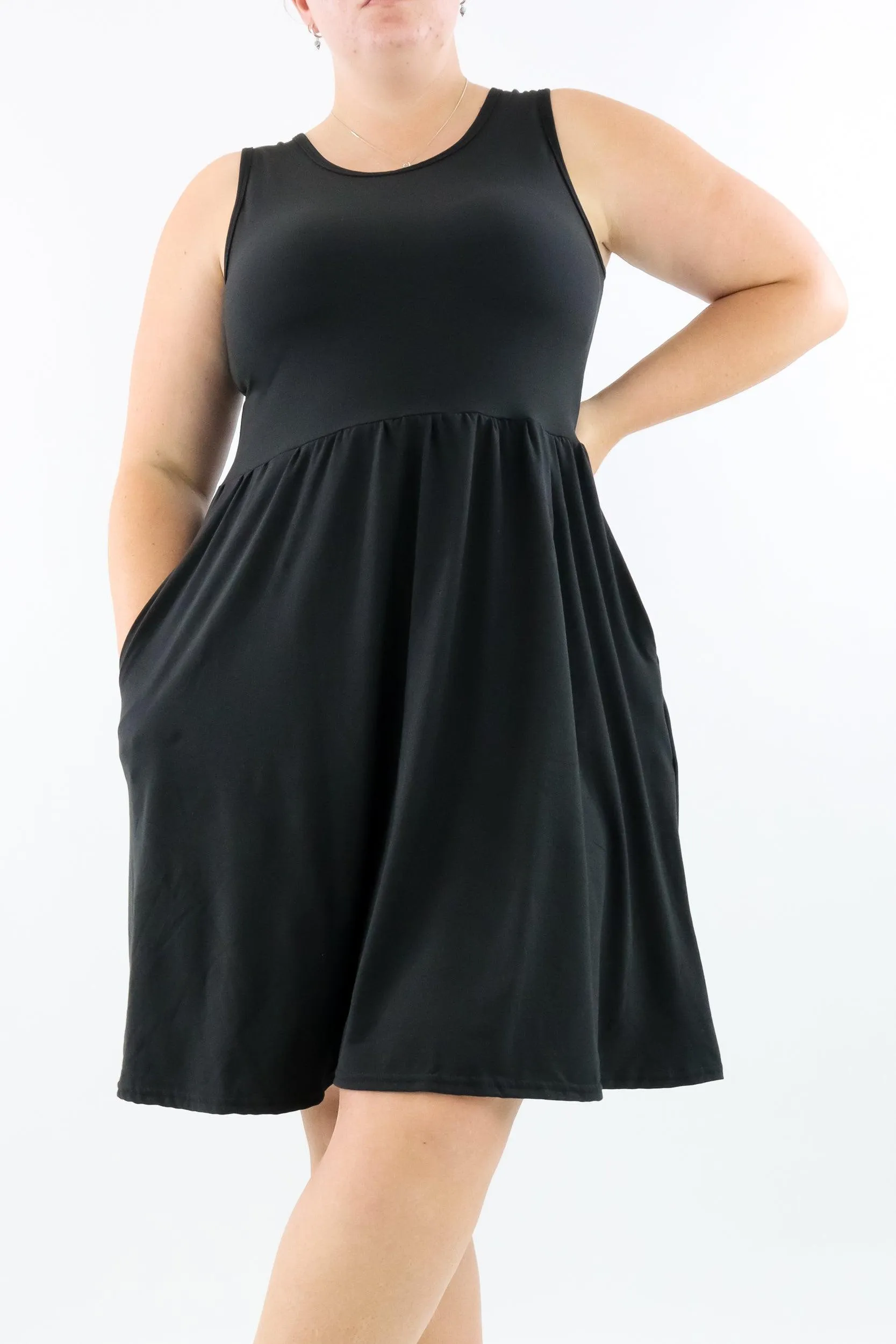 Black - Sleeveless Skater Dress - Knee Length - Side Pockets