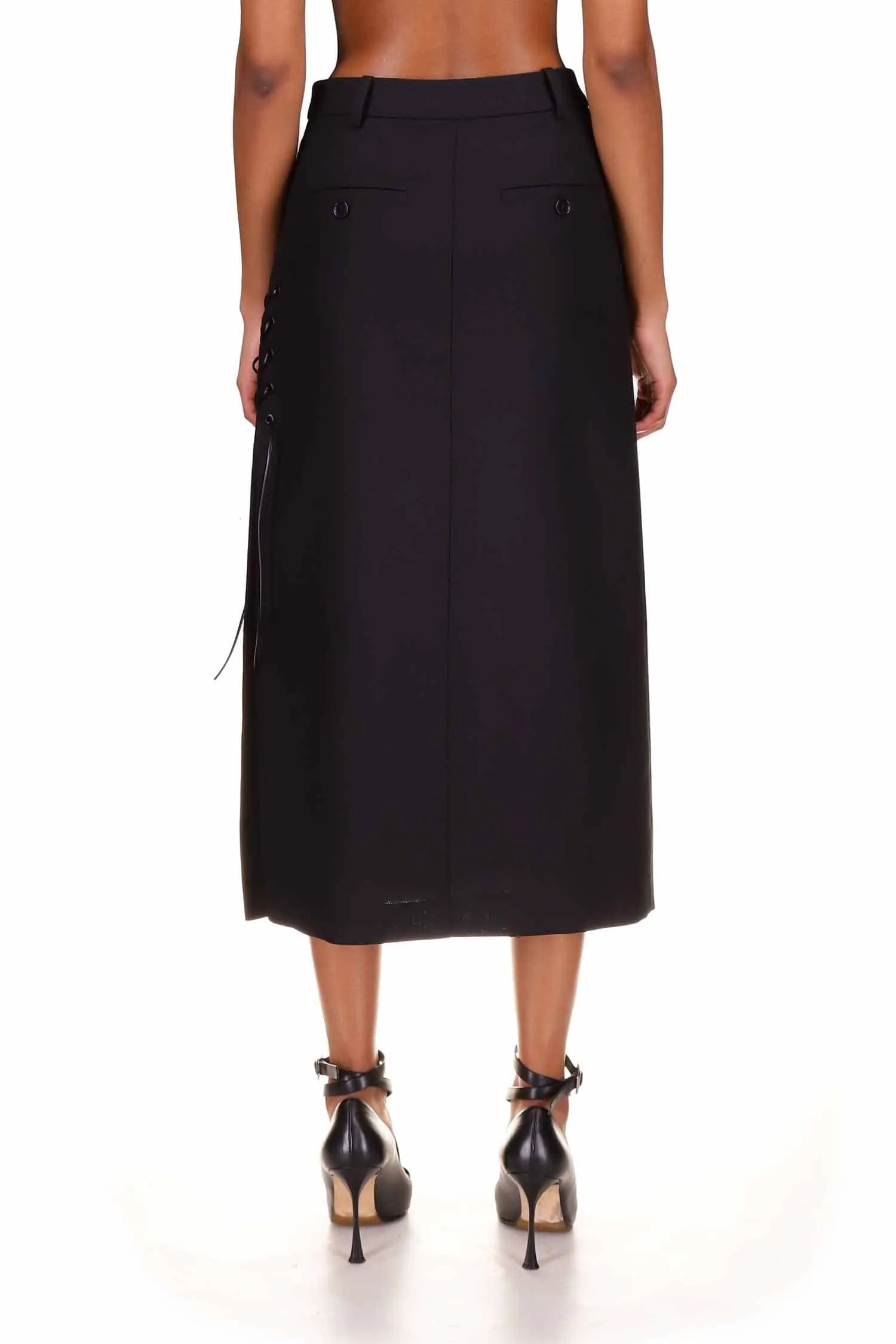 Black Wool Tailored Lace-Up Skirt