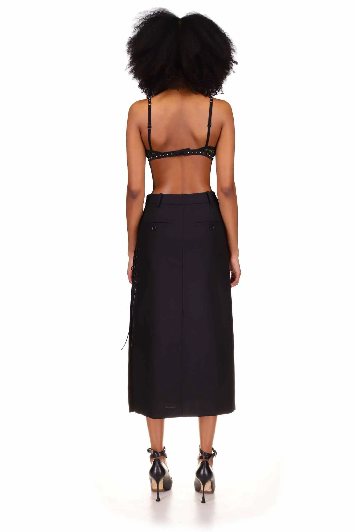Black Wool Tailored Lace-Up Skirt