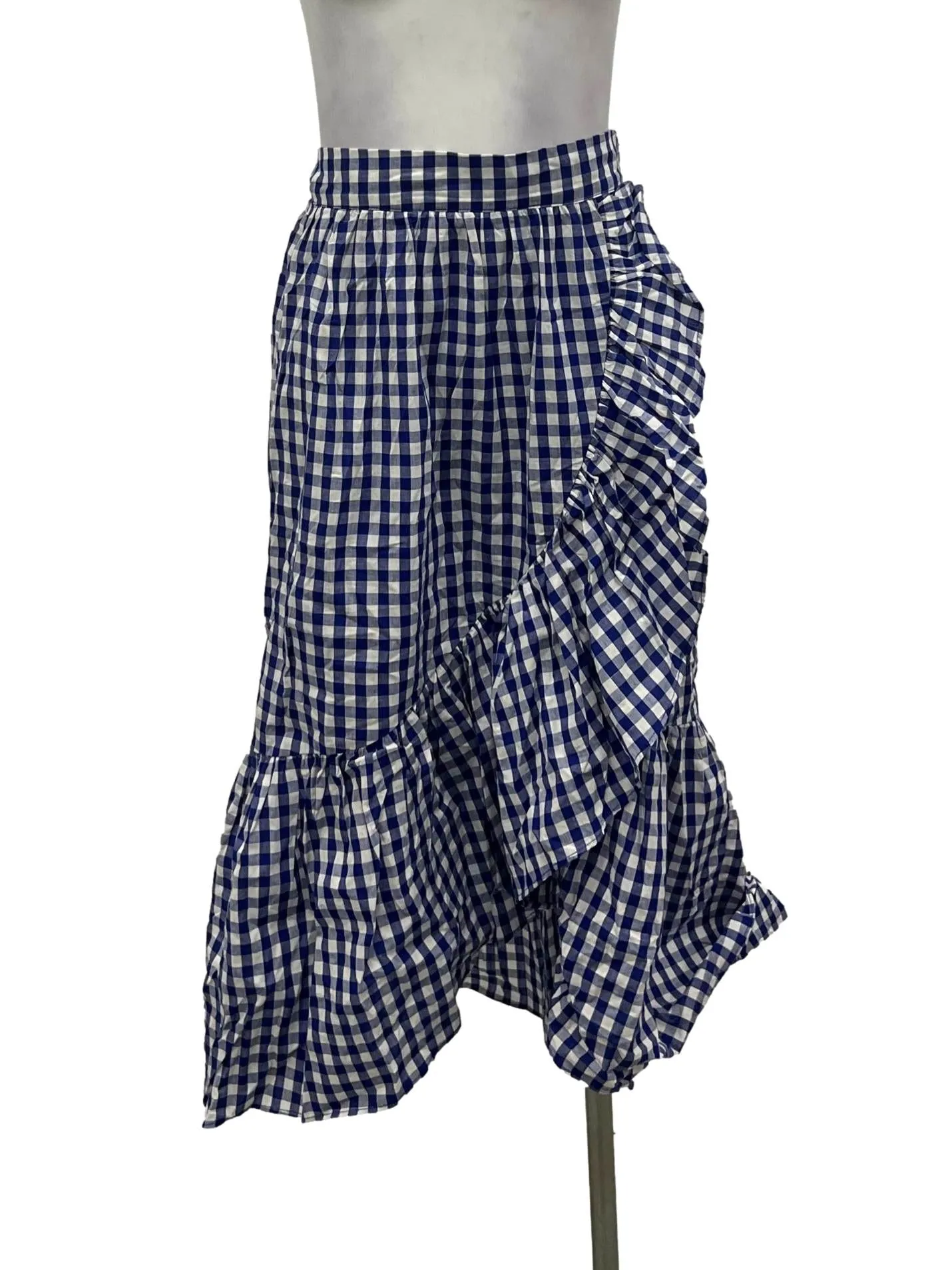 Blue And White Checkered Asymmetrical Ruffle Skirt