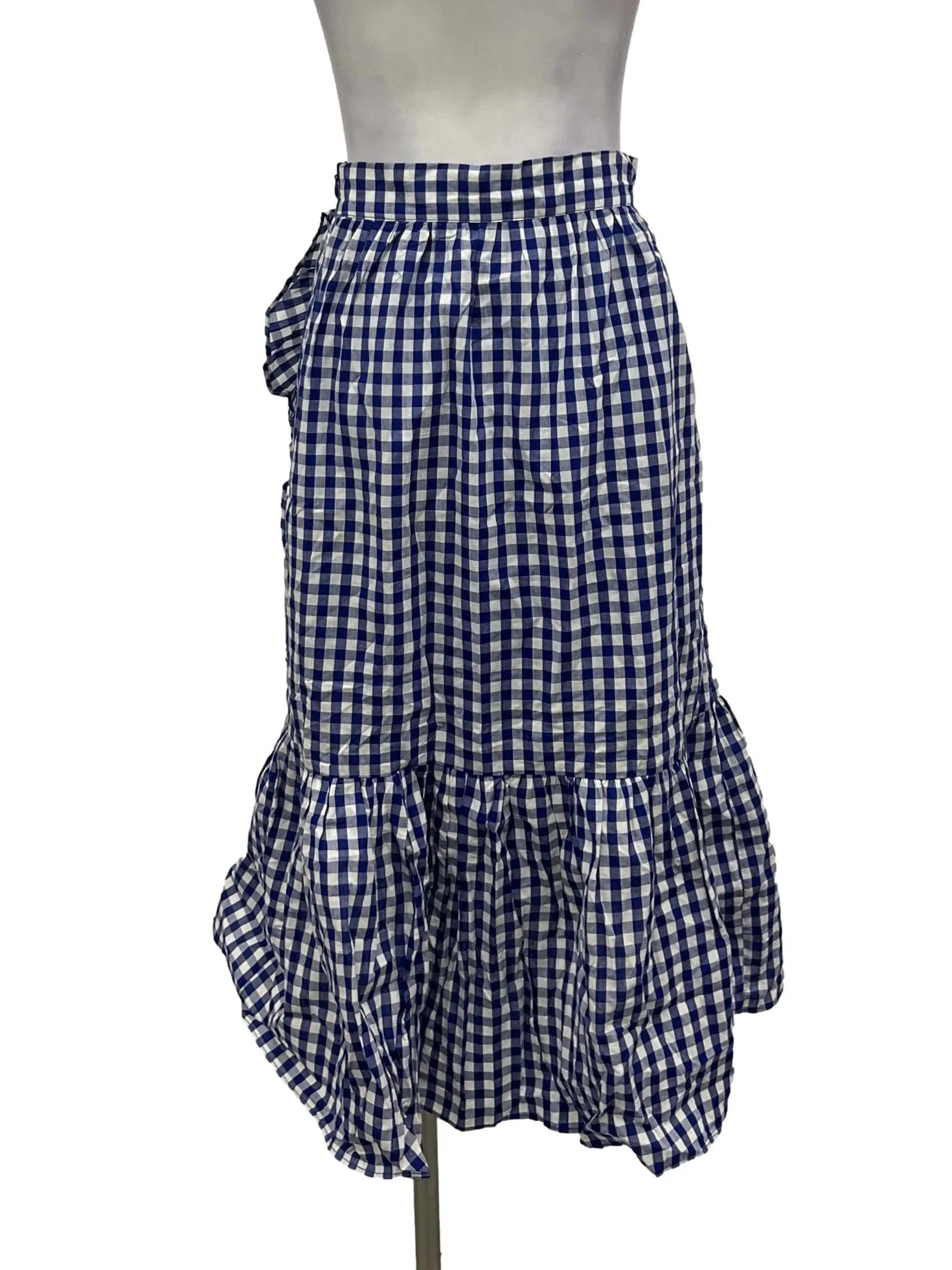 Blue And White Checkered Asymmetrical Ruffle Skirt