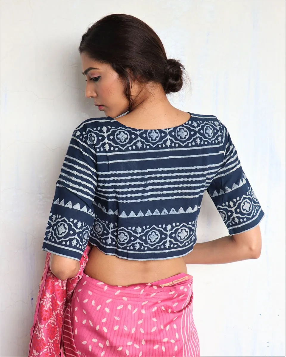 Blue Angarakha Handprinted Cotton Crop Top Blouse - God