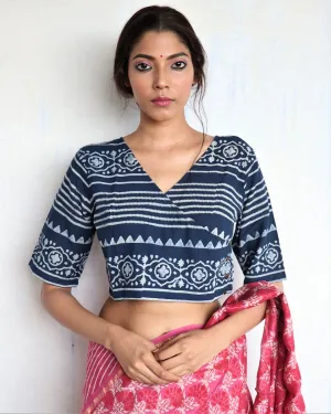 Blue Angarakha Handprinted Cotton Crop Top Blouse - God