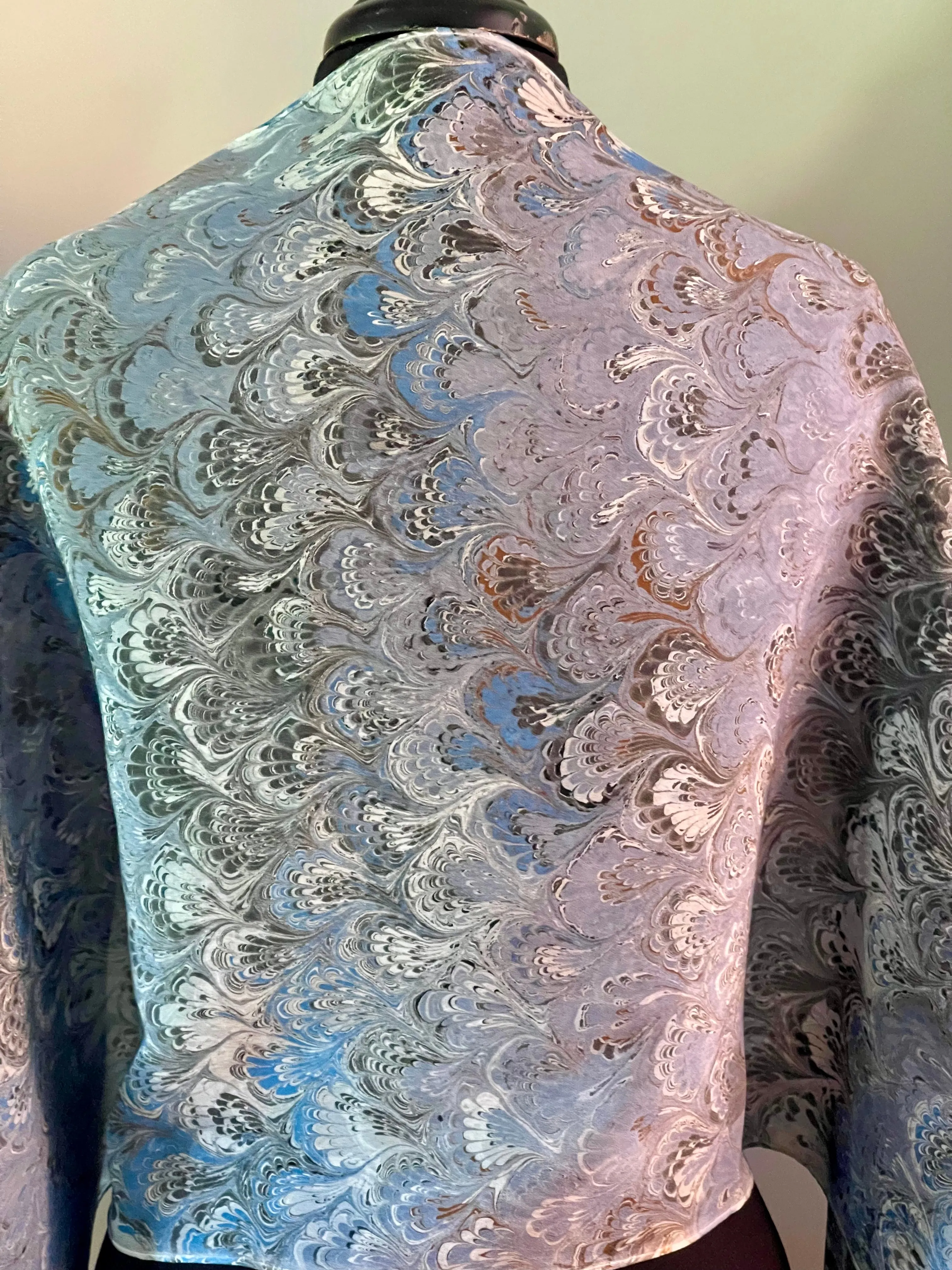 Blue bouquet two sided shawl. .  Crepe de chine 72x22” bold fun. This beautiful silk makes a unique dresser cover and scarf