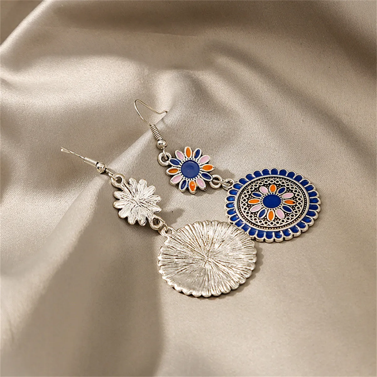 Blue Enamel & Silver-Plated Sunflower Tiered Drop Earrings
