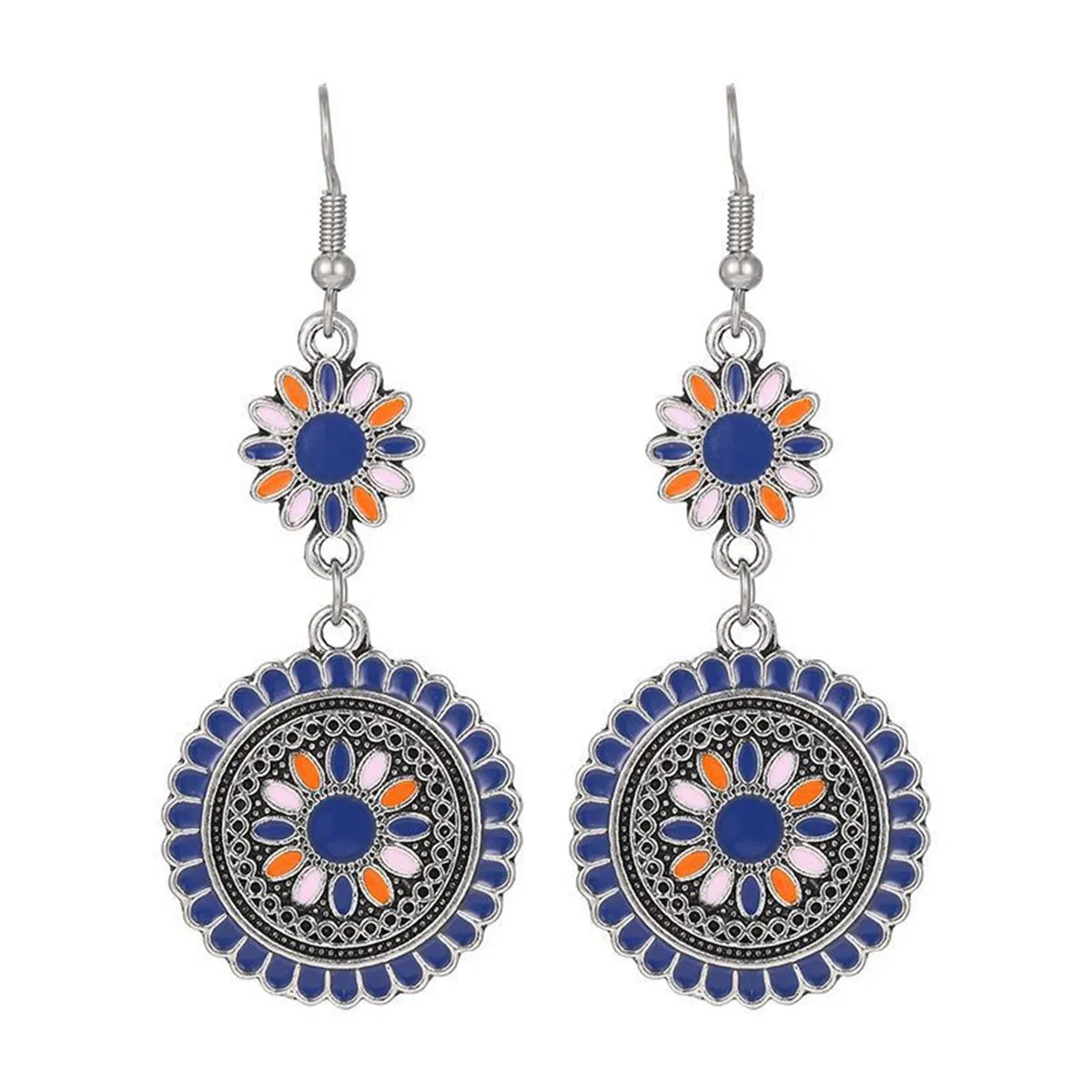 Blue Enamel & Silver-Plated Sunflower Tiered Drop Earrings
