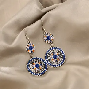 Blue Enamel & Silver-Plated Sunflower Tiered Drop Earrings