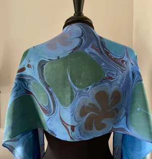 Blue Floral Habotai Silk 14x72 turquoise with red accents. This beautiful silk makes a unique dresser cover and scarf