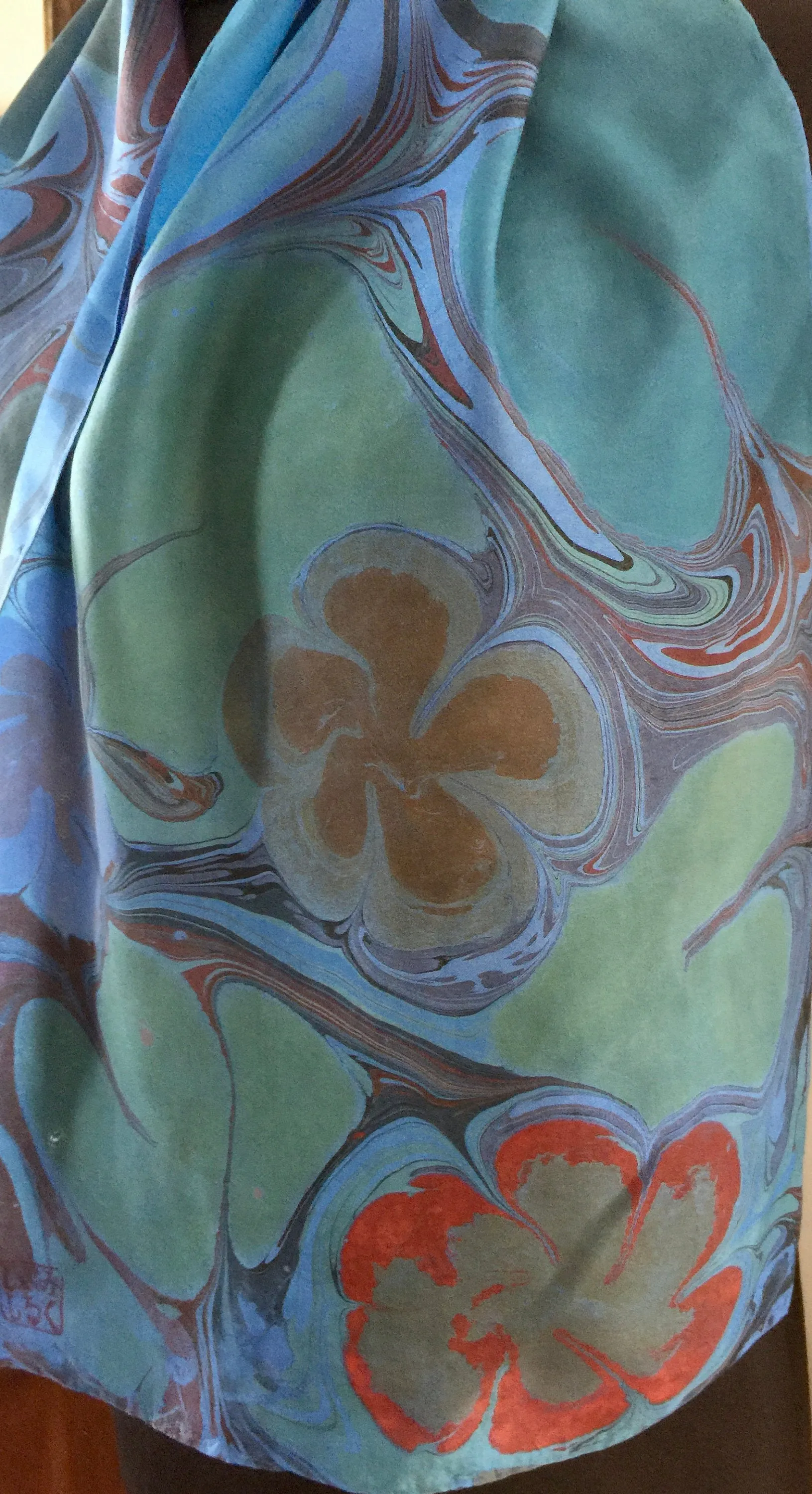 Blue Floral Habotai Silk 14x72 turquoise with red accents. This beautiful silk makes a unique dresser cover and scarf