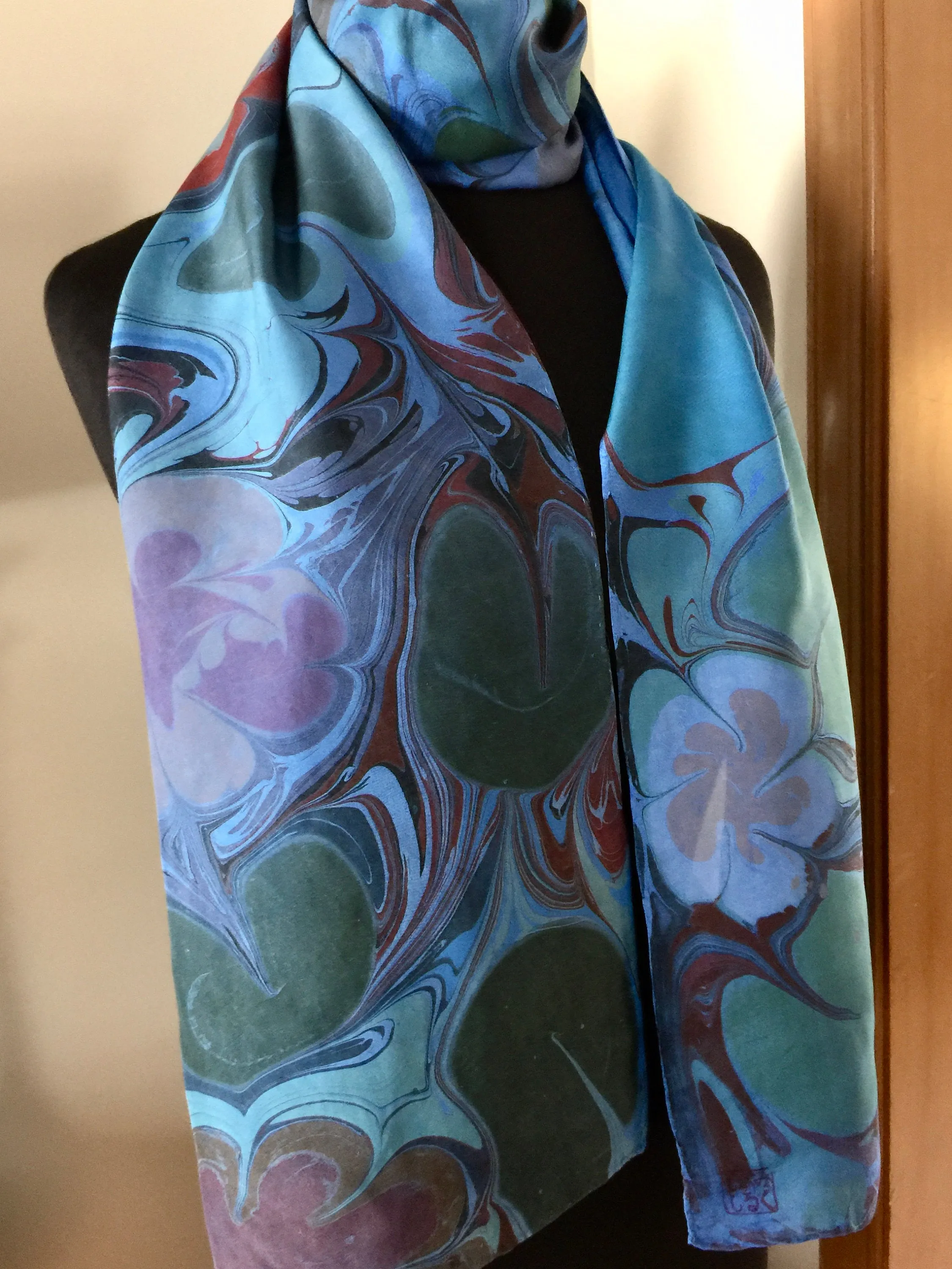 Blue Floral Habotai Silk 14x72 turquoise with red accents. This beautiful silk makes a unique dresser cover and scarf