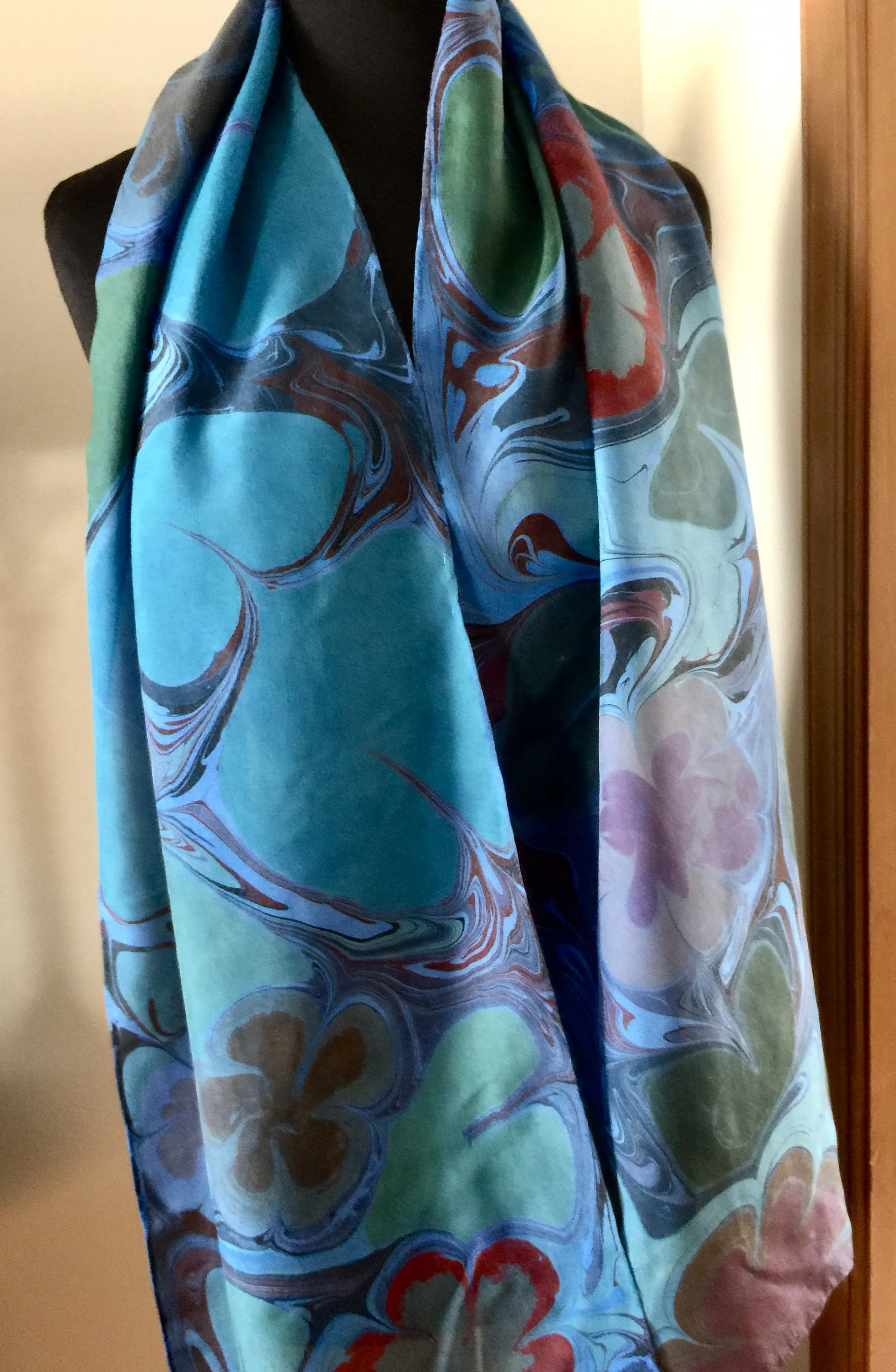 Blue Floral Habotai Silk 14x72 turquoise with red accents. This beautiful silk makes a unique dresser cover and scarf