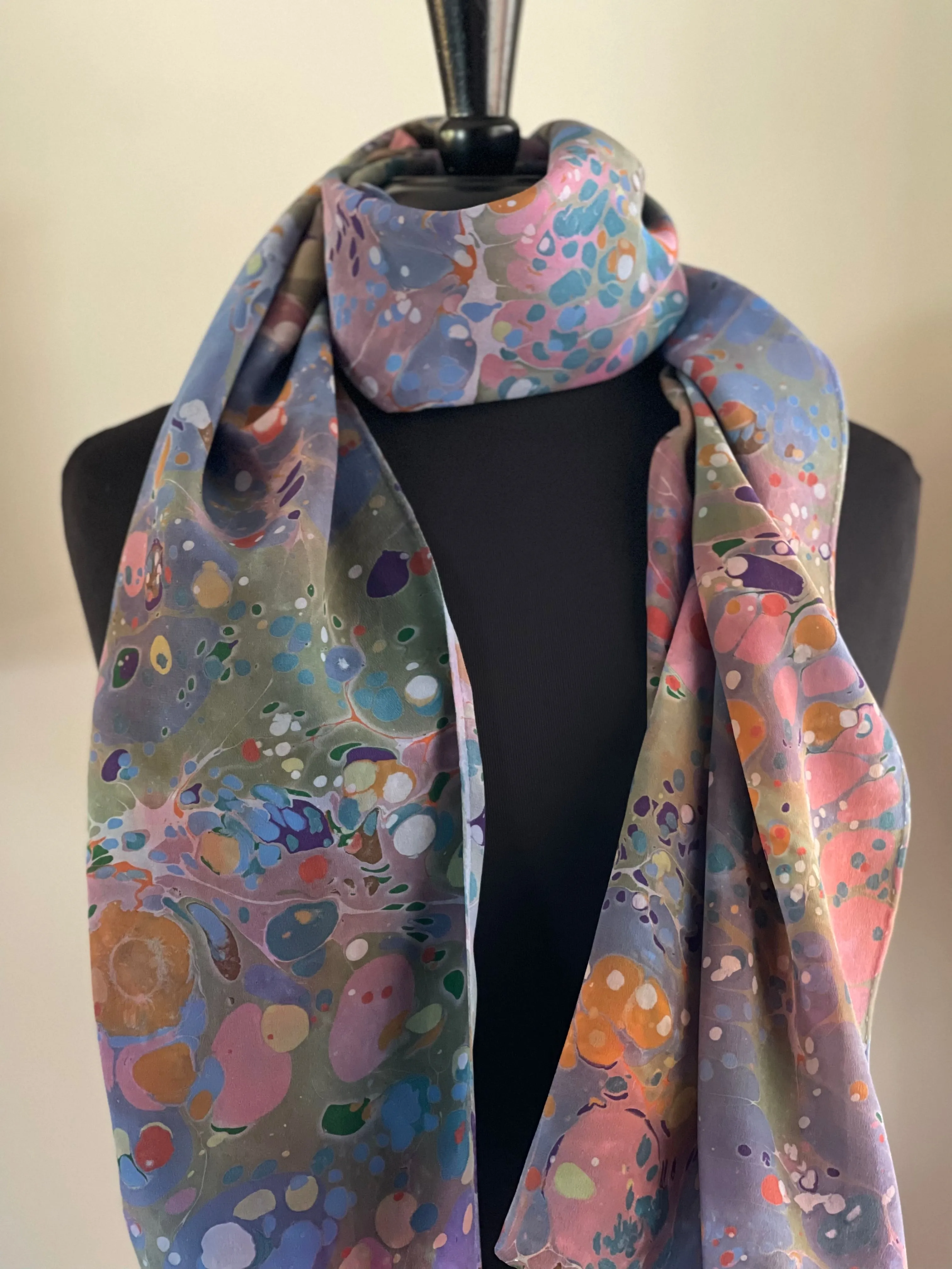 Blue multi colored stone shawl. .  Crepe de chine 72x22” bold fun. This beautiful silk makes a unique dresser cover and scarf